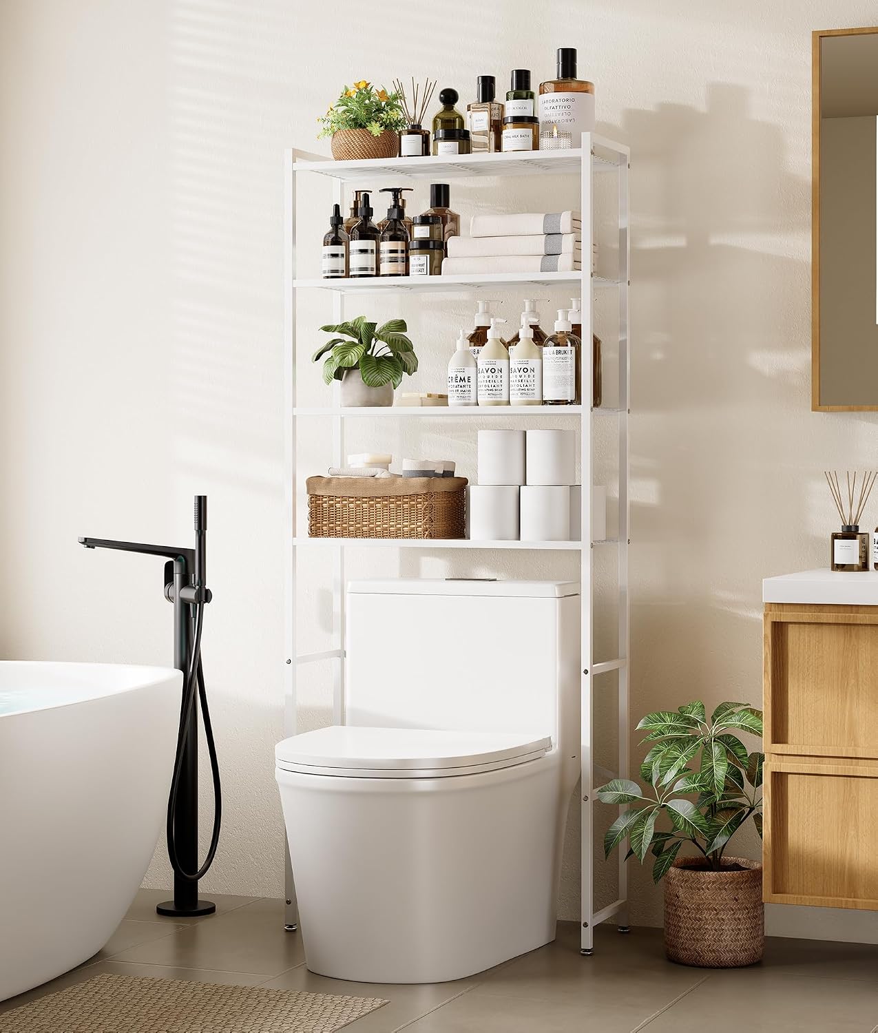 4-Tier Over The Toilet Storage Rack, Bathroom Organizer with One-Piece Metal Mesh Shelves, Over Toilet Shelf with Adjustable Feet & Anti-Tip Kit, Space-Saving Bathroom Storage, Black