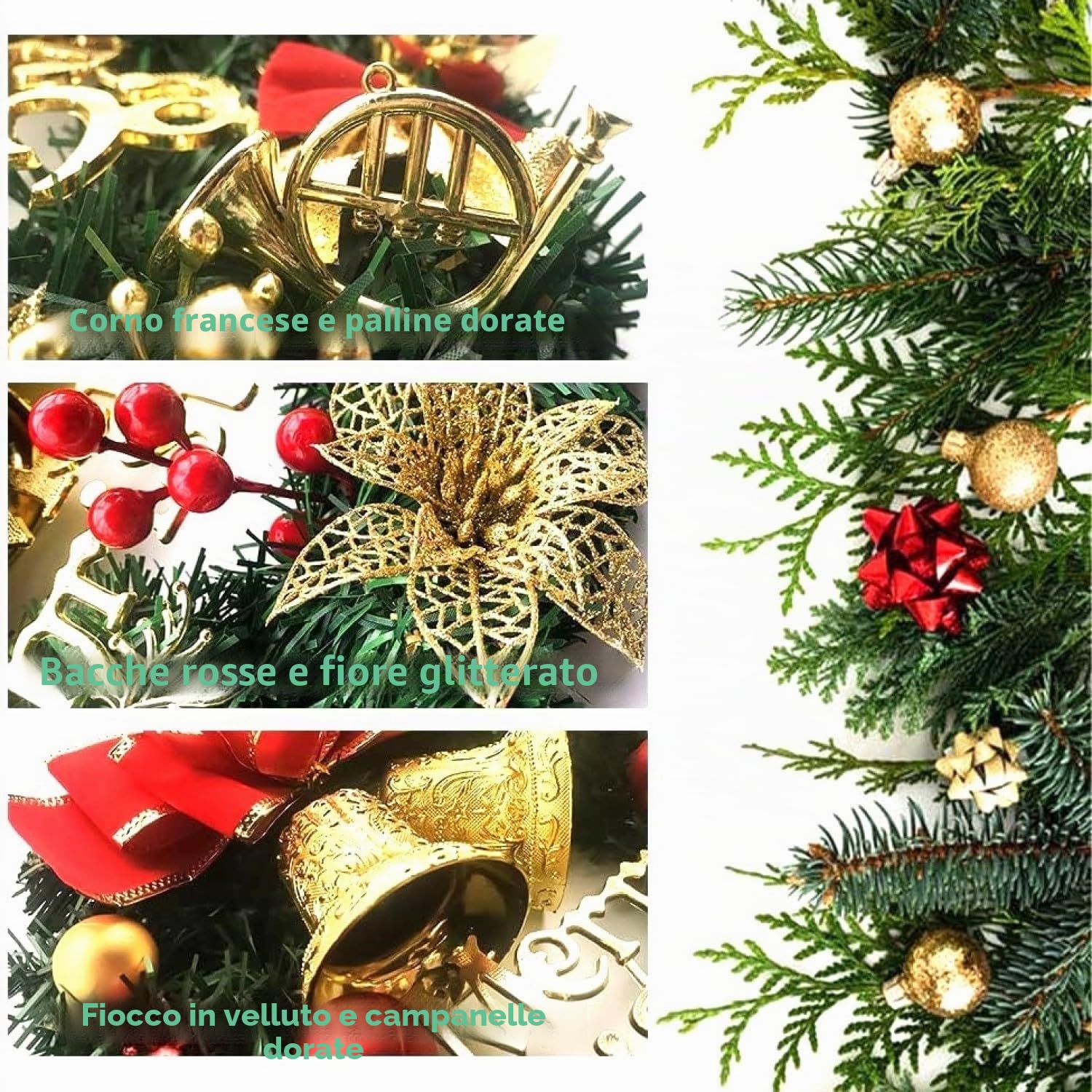 LATERN 30CM Ghirlanda di Natale, Ghirlanda di Pino di Natale Artificiale con Fiocco Campana Cervo Bacche Rosse Fiore per Natale Porta Parete Camino Finestra Albero di Natale Decorazione