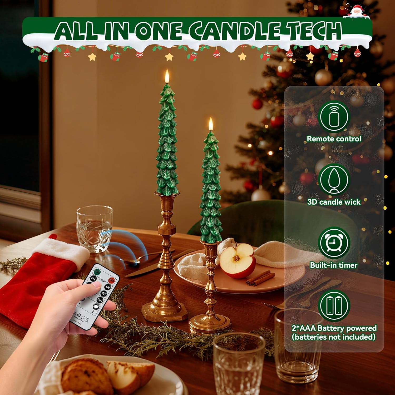 4 Pack Flameless Christmas Tree Candles with Remote, 9.8” LED Battery Operated Taper Candles, Green 3D Flickering Candlesticks for Holiday Home Decoration (Green)