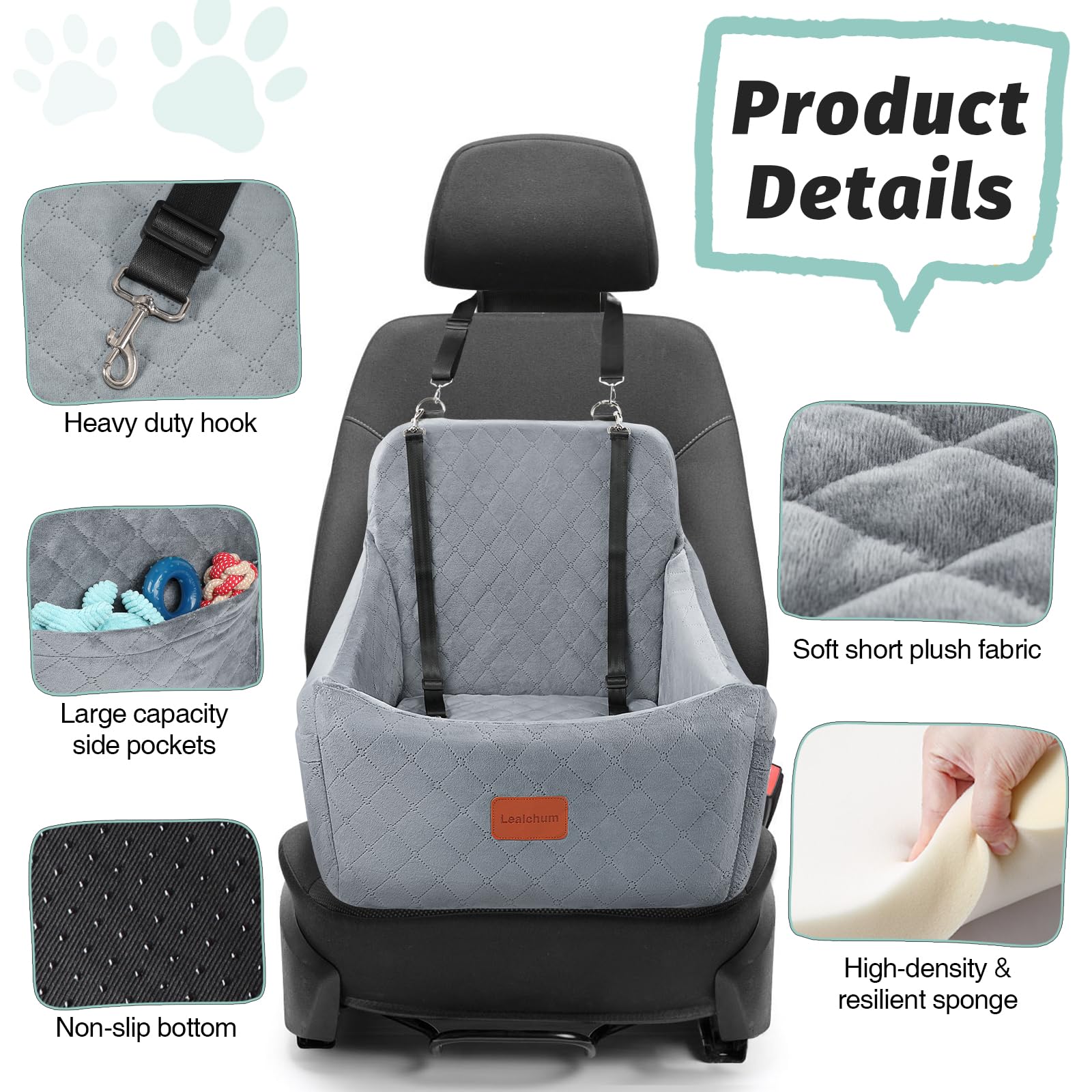 Lealchum Asiento de coche para perros medianos de hasta 35 libras, totalmente desmontable y lavable, fácil de instalar con correas ajustables, cama inferior antideslizante para mascotas, 2 bolsillos