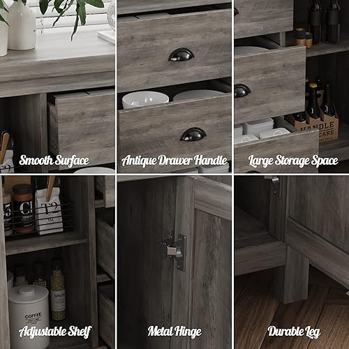 Miniatura 6 de Aparador de cocina con estructura de madera resistente, 3 cajones y 2 puertas con amplio espacio de almacenamiento en gris