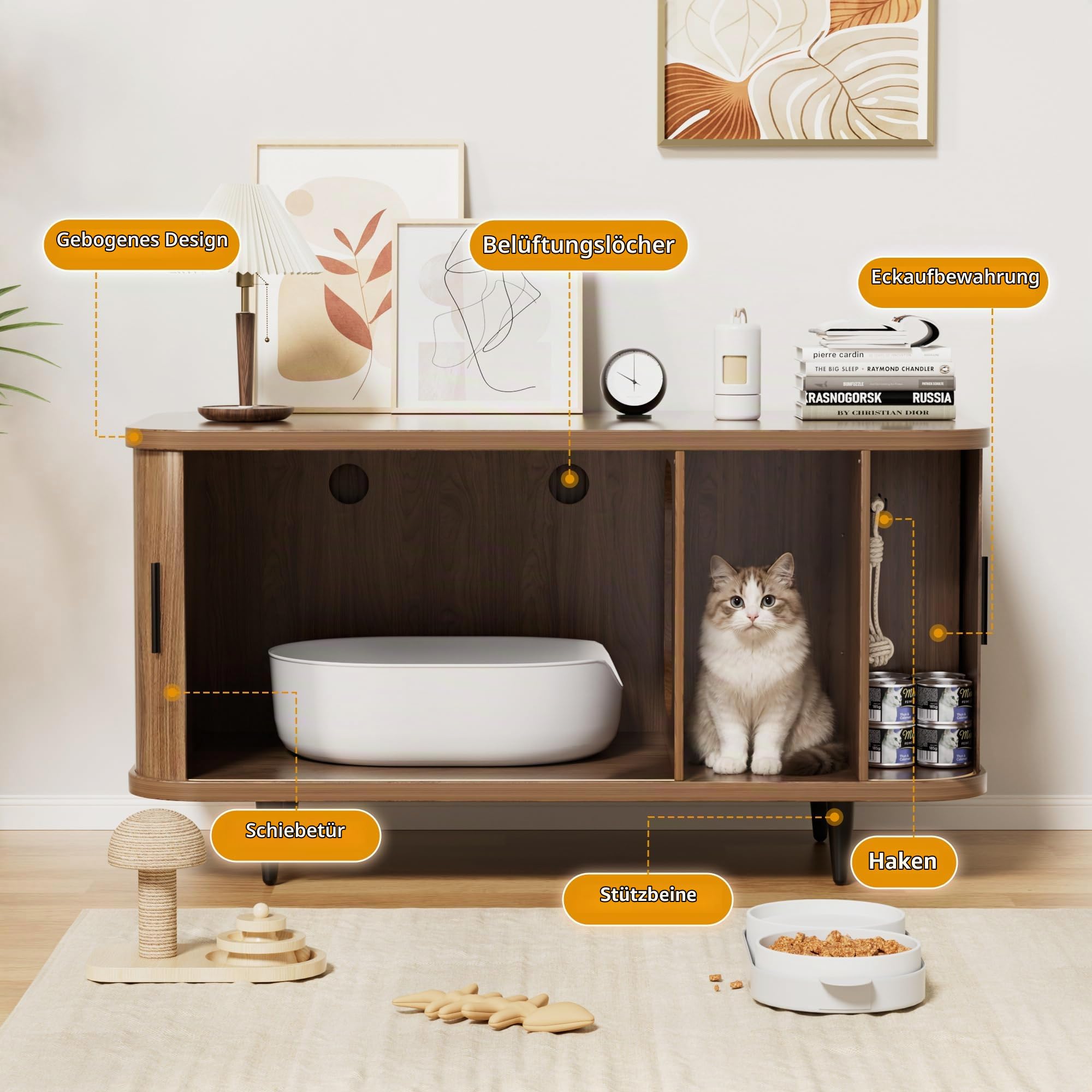 BACEKOLL Katzenklo Schrank mit Rollo-Tür Design, Mid-Century Katzenschrank Holz für große Katzen, Versteckte Katzentoilette mit Stauraum & stabilen Metallbeinen, 105 x 50 x 58 cm, Walnuss
