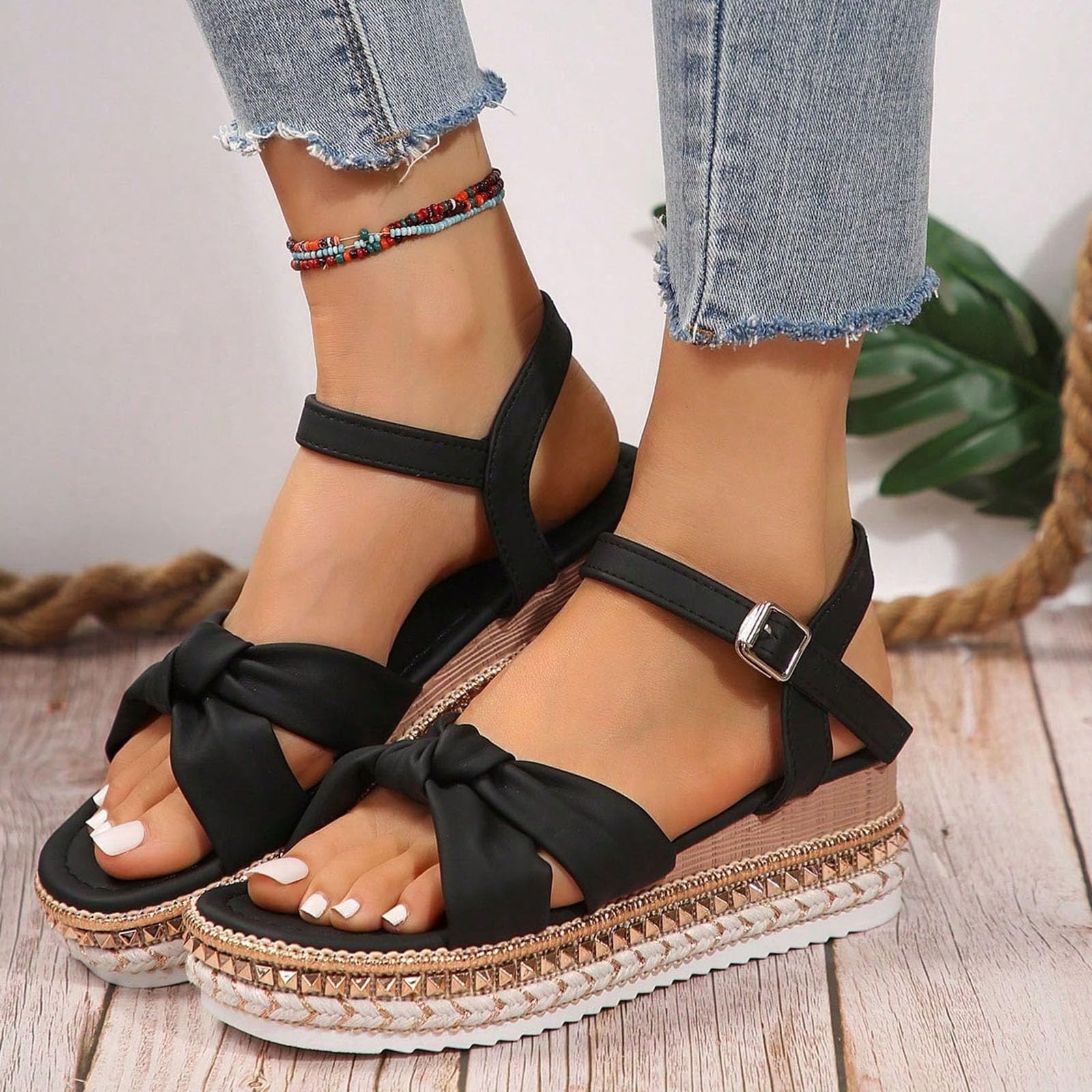 Genérico Sandalias Cós De Verano Para Mujer Sandaliasde Verano Para Mujer, Sandalias De Cuña Ajustables Con Soporte El Del Pie Cuña Estilo Casual Elegante Con Pedrería