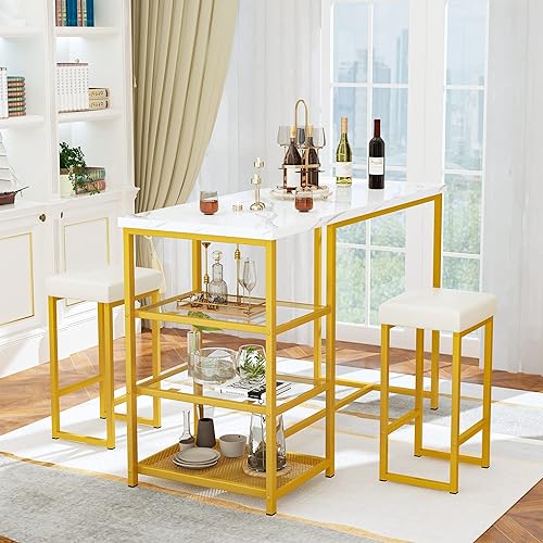 Lamerge Juego de mesa de cocina para 2 isla de cocina con mesa de bar de asiento con almacenamiento mesa de bar de imitación y juego de sillas para