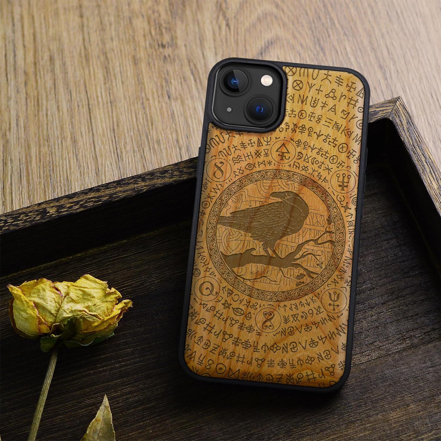 Carveit Magnetic Wood Case for iPhone 14 Plus - Natural Wood & Black Soft TPU - Shockproof Protective Cover - Unique & Classy Wooden Case - Compatible with MagSafe (Runic Raven Wisdom -Cherry)