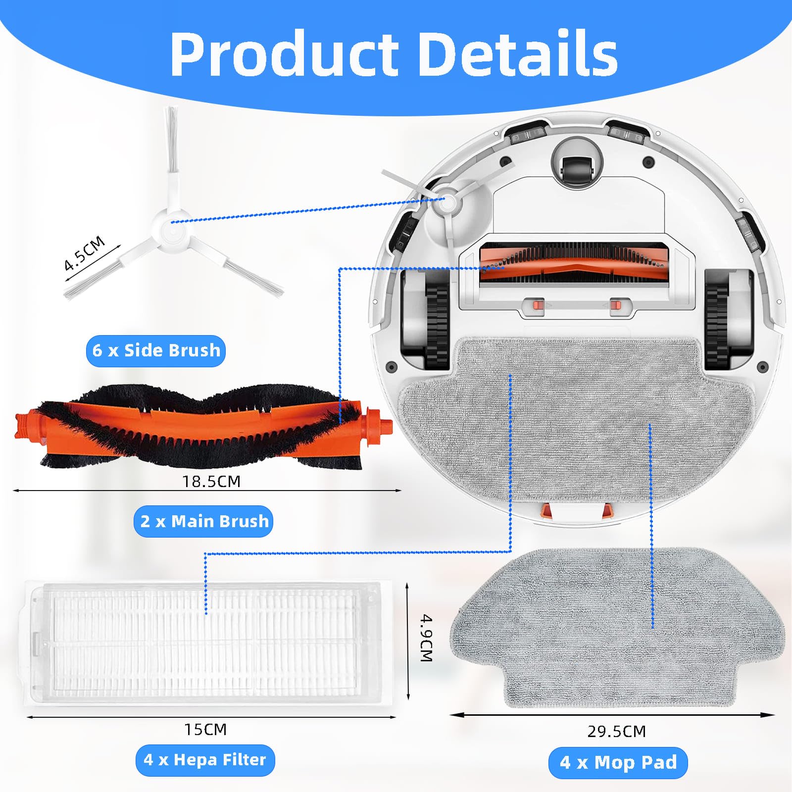 Accessori Kit di Ricambi per Xiaomi Robot Vacuum-Mop 2S / Xiaomi Robot Vacuum S12 Robot Aspirapolvere, 2 Spazzola Principale, 6 Spazzole Laterali, 4 Filtro Hepa, 4 Panni Mop