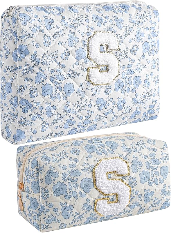 JOVAKIT Necessaire de maquiagem floral azul com zíper, 2 unidades, modelo S