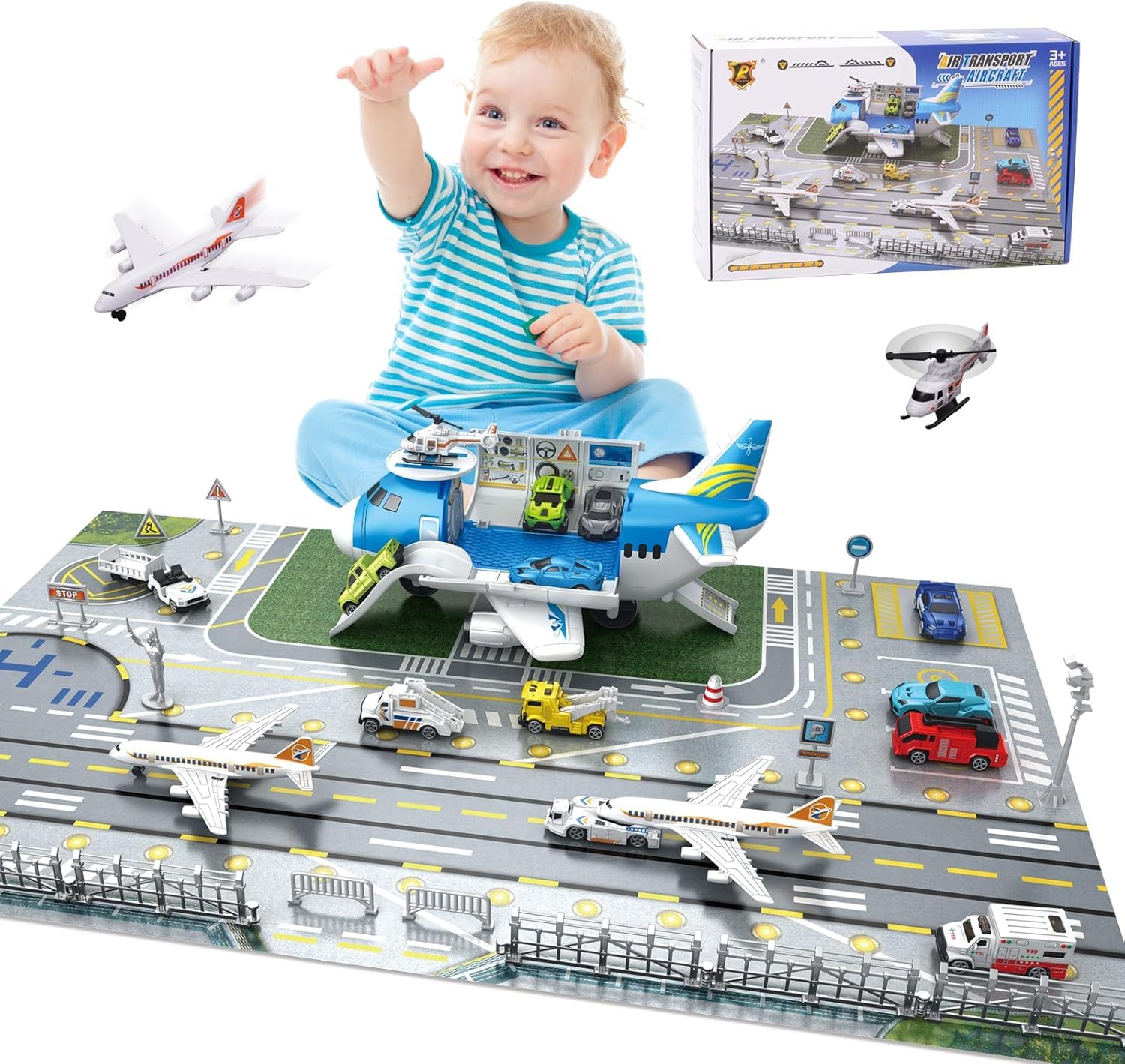 Airplane Toy Car Toy Set Airport Playmat with Helicopter, Truck, Plane, Sign Parking Lot Toy Set with Traffic Signs and Road Accessories Transport Airplane Scene Play Mat for Toddler Age 3+