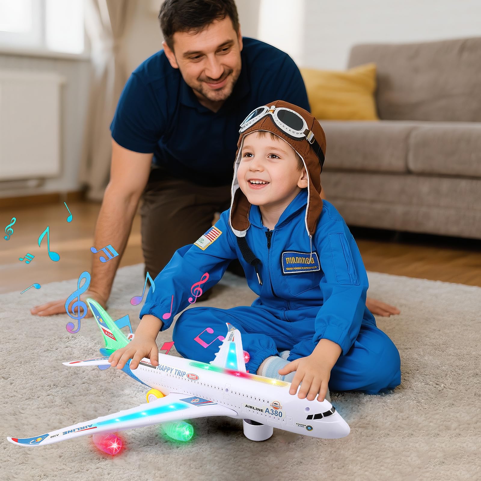 Bump and Go - Aereo giocattolo realistico con luci e suoni 4D, giocattolo per bambini dai 3 ai 12 anni, cambio automatico di direzione in caso di collisione, ottimo regalo per ragazzi e ragazze (blu)