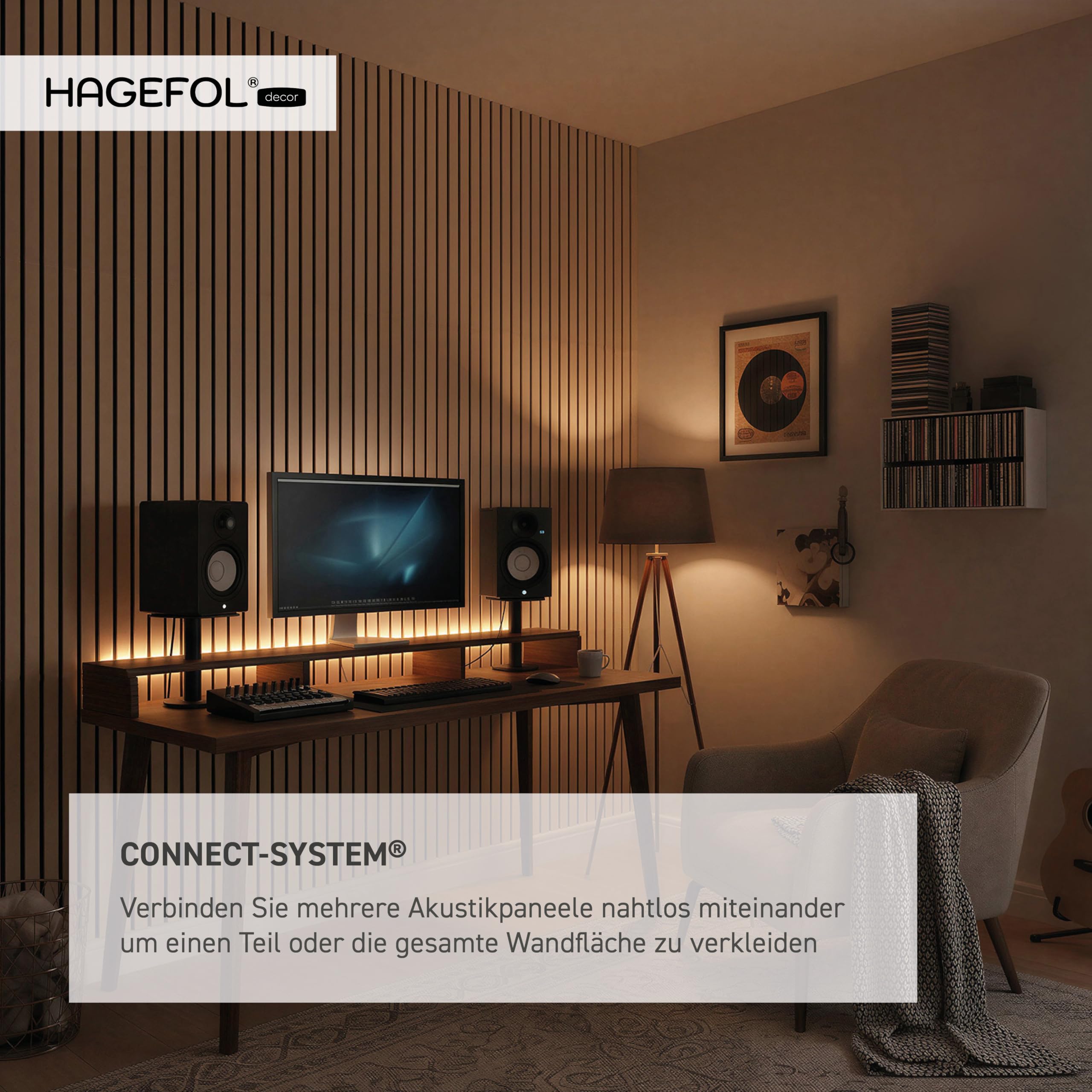 HAGEFOL® Akustikpaneele selbstklebend EasyFix, 240x56cm, Farbe: Eiche Holz, Lamellen Wandpaneele für Schallschutz Wandverkleidung ohne Bohren (2 Stück, 240x28cm im Paket)