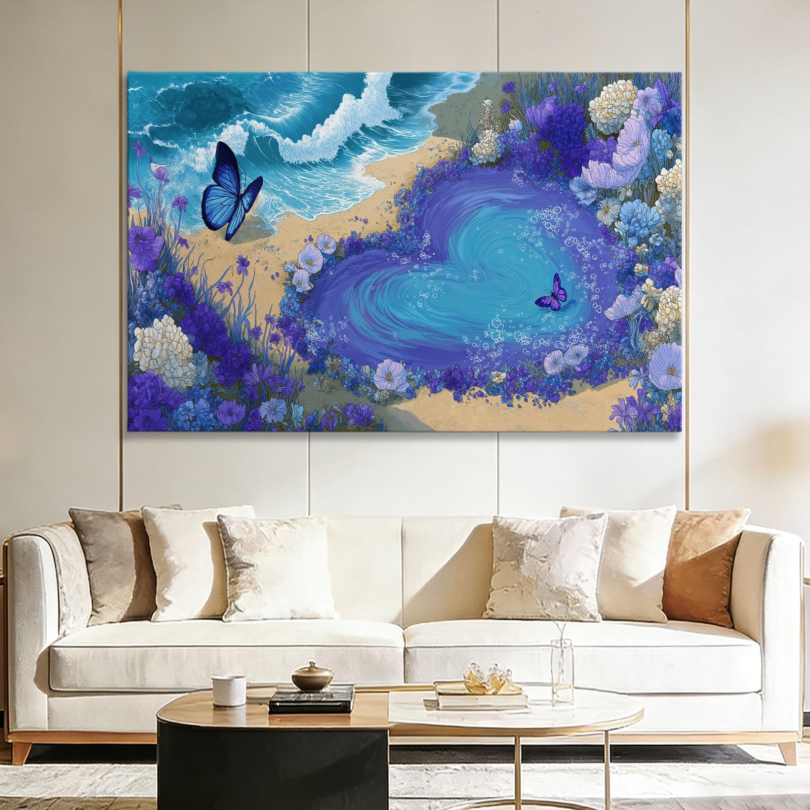 XXL Panorama - Quadro su tela con cornice per piscina, forma cuore onnirico floreale farfalla, foto pittura decorazione da parete - Poster Art Soggiorno Ufficio Hotel 140 x 70 cm