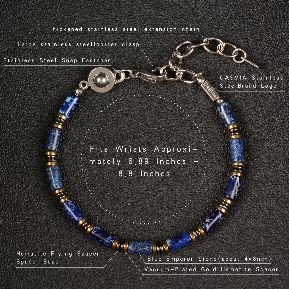 Blue Sovereign Men's Chakra Bracelet, Handcrafted Blue Emperor & Hematite Beads, Adjustable Stainless Steel Dual Clasp, Thickened Wire Gift for Dad Boyfriend Husband
