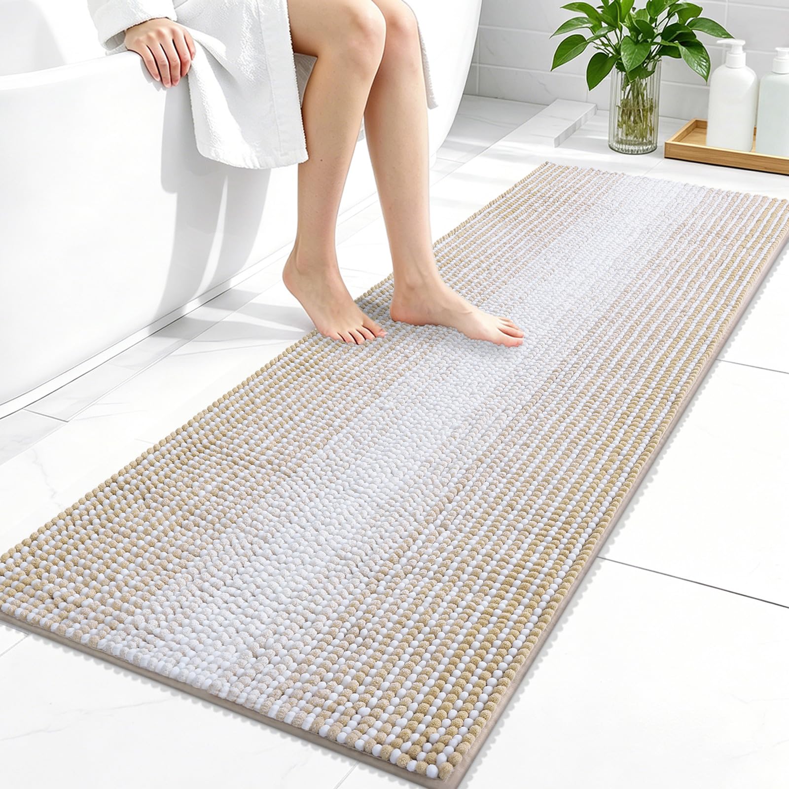 OLANLY Bathroom Runner Rugs 47x20, Soft Chenille Striped Bath Rugs, Beige
