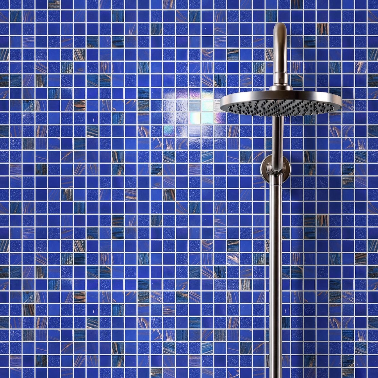 11.5 Sq.Ft Iridescent Cobalt Blue Glass Mosaic Tiles, 12.9" Sheets (10-Pack), Waterproof Mesh-Mounted for Swimming Pool & Shower Floor, Grout Required (Not Peel and Stick), 4mm Dark Blue