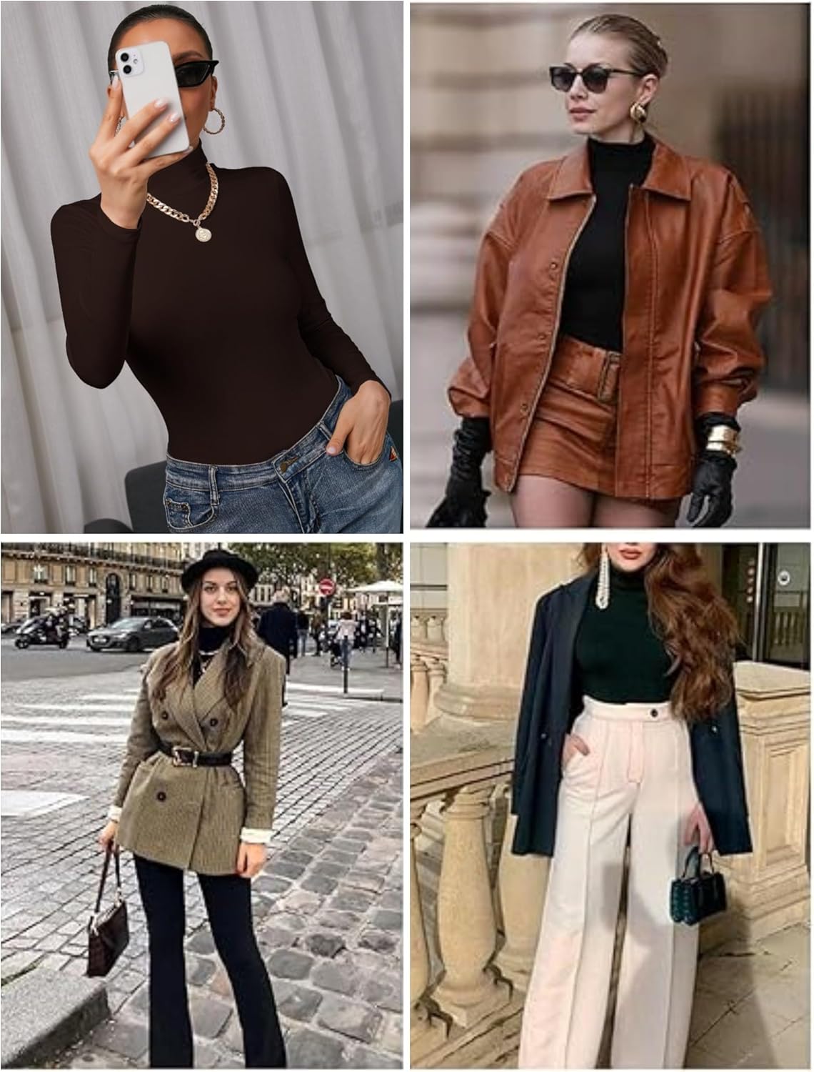 Ekouaer Turtleneck Shirts for Women 3 Pack Long Sleeve Mock Tops Basic Layering Thermal Black/White/Blue Medium