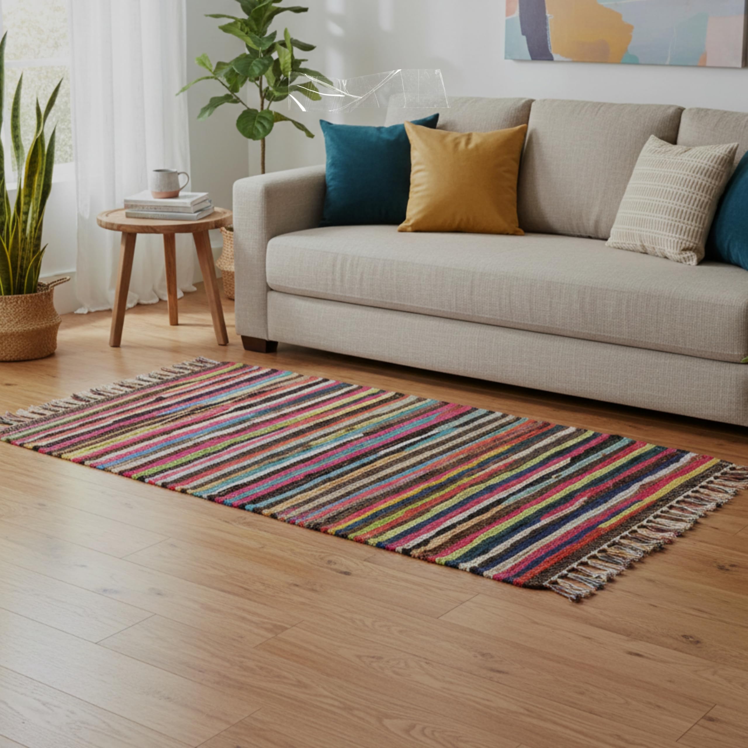 Pack of 2 Handmade Chindi Rug, Multi Coloured Stripes, 100% Recycled Cotton, Traditional Style, Area Rug for Living Room, Bedroom, Indoor Home Decor Mat, Kitchen Hall Runner Rug Mat (60X90 CM)