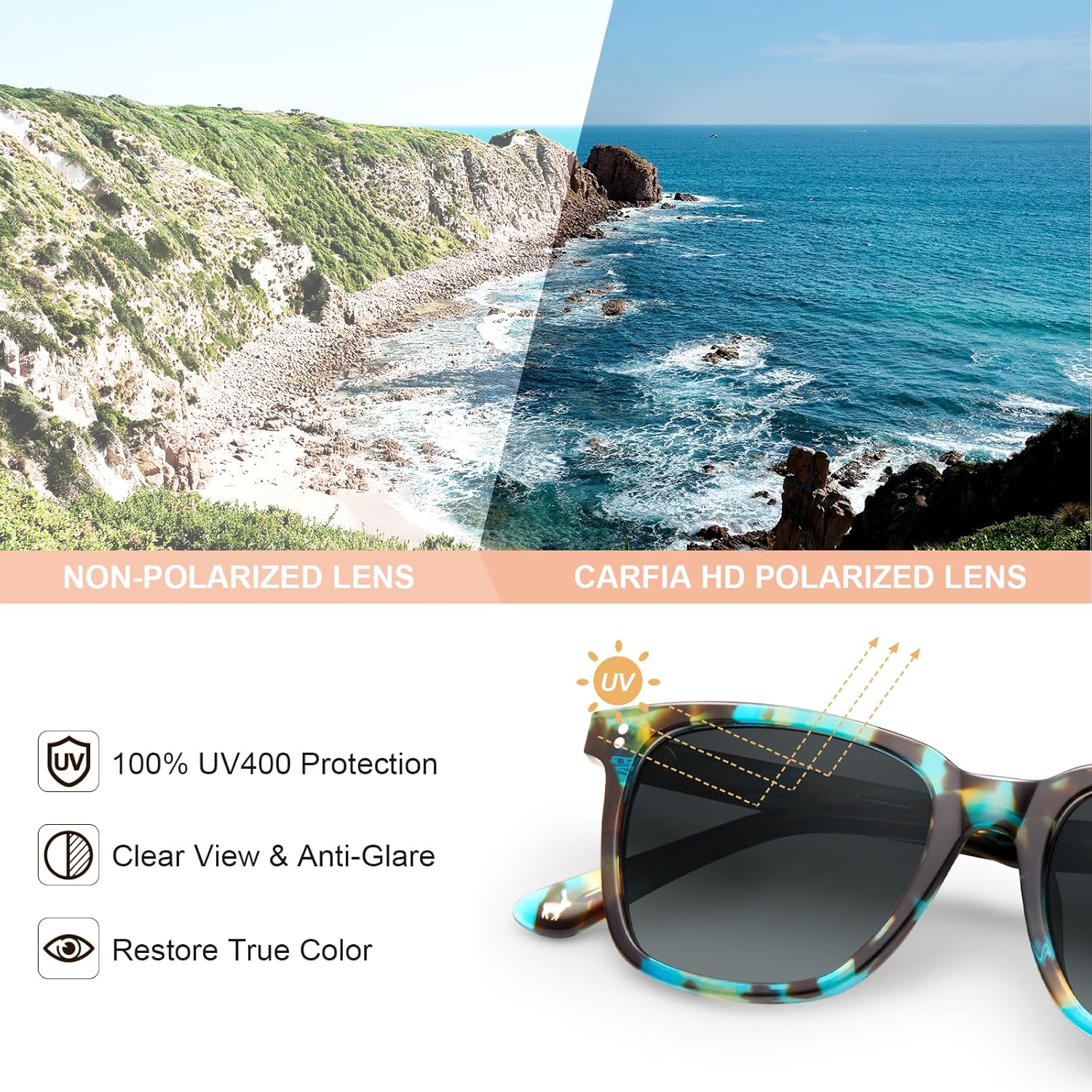 CARFIA Polarized Sunglasses for Women: Acetate, Small/Medium Size, UV400 Anti Glare CA5354 - Image 3