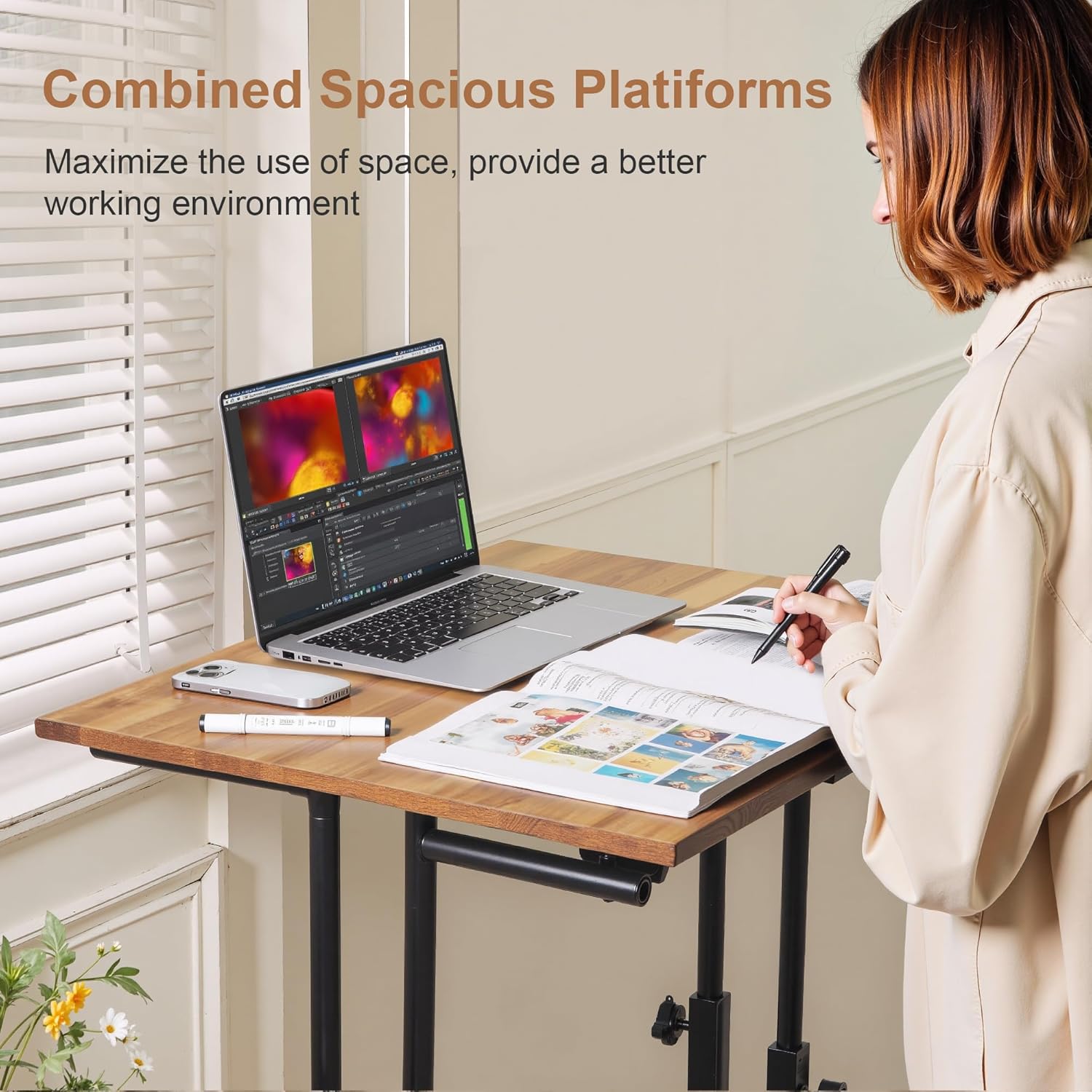 VECELO Mobile Small Standing Desk Adjustable Height, Computer Workstations with Tiltable Tabletop, Lockable Wheels, Portable Rolling Laptop Desk for Home Office, Brown