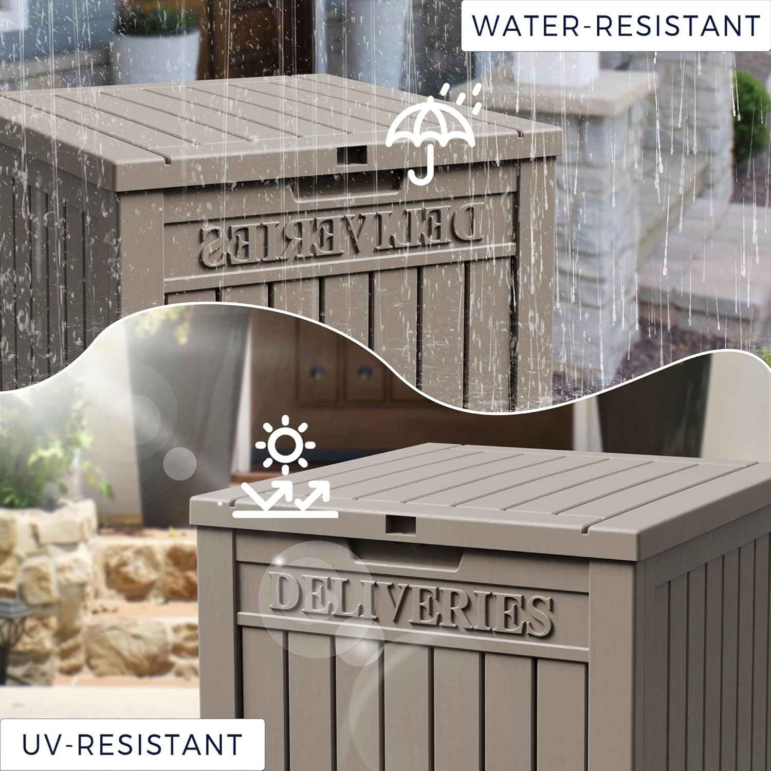 50-Gallon Package Delivery Box for Outside - Resin Storage with Sign & Lockable Secure, Waterproof Package Drop Box with Pre-Installation Hole for Curbside, Porch, Khaki