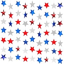 4th of July Decorations Star Garland, 65.6 FT Patriotic Hanging Star Garland Banner, 5 Strands 165 Large Red Blue & Glitter Silver Stars for America 250th Anniversary, Independence Day, Veterans Day