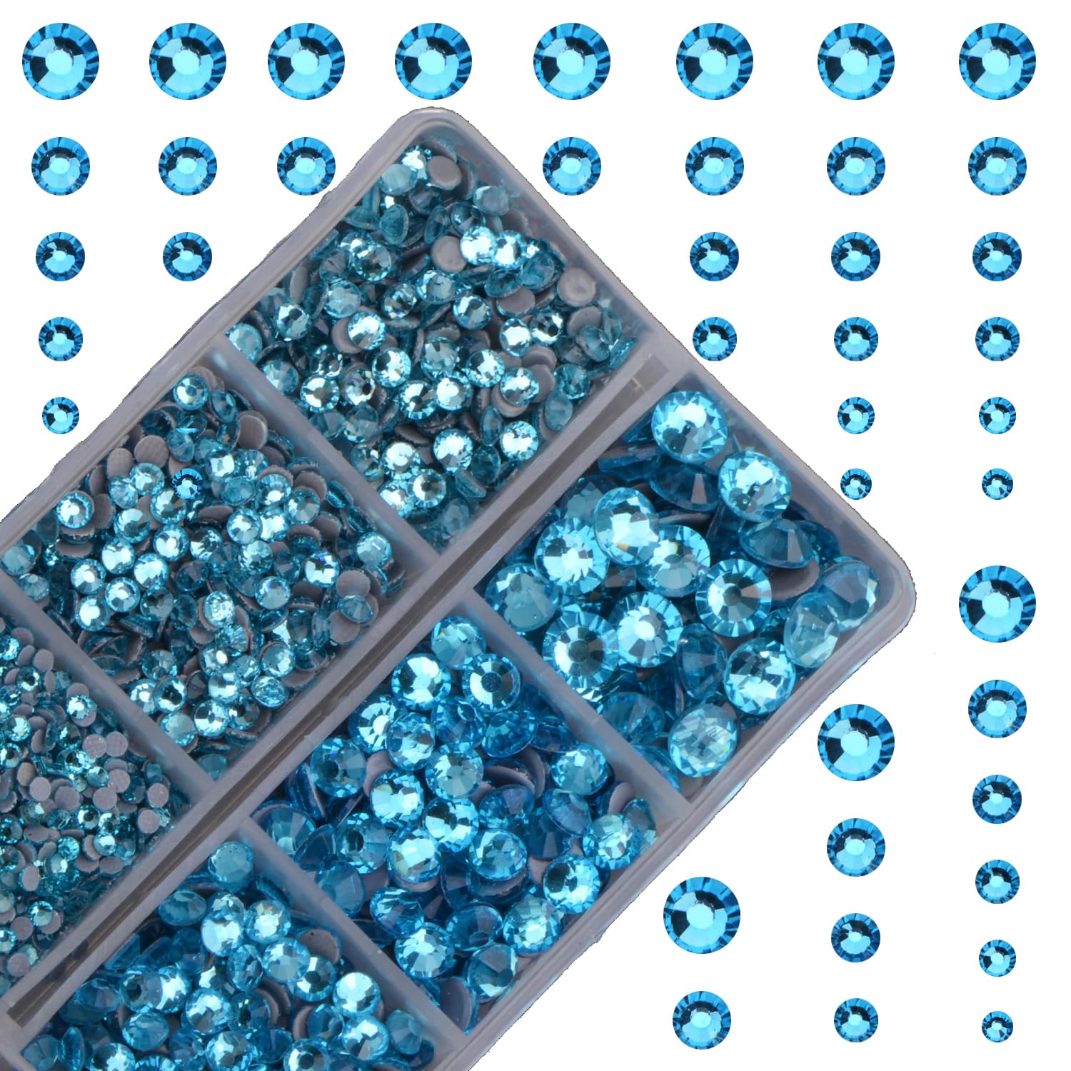 Photo 1 of 10000Pcs 2-Boxes Mixed Size Hot Fix Round Crystals Gems Glass Stones Hotfix Flat Back Rhinestones with Tweezers and Picking Pencil (Aquamarine)