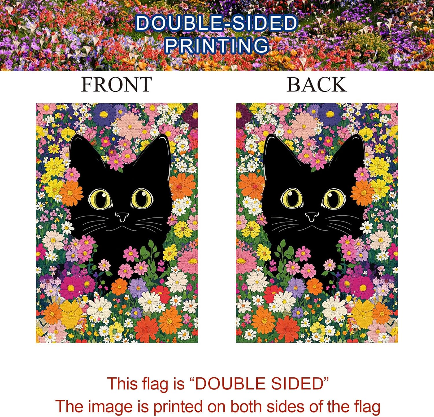 Baccessor Spring Summer Funny Cat Garden Flag Double Sided 12.5 x 18 Inch Funny Black Cat Flower Floral Welcome Small Yard Flag Burlap Seasonal Yard Outdoor Outside Decoration - Image 5