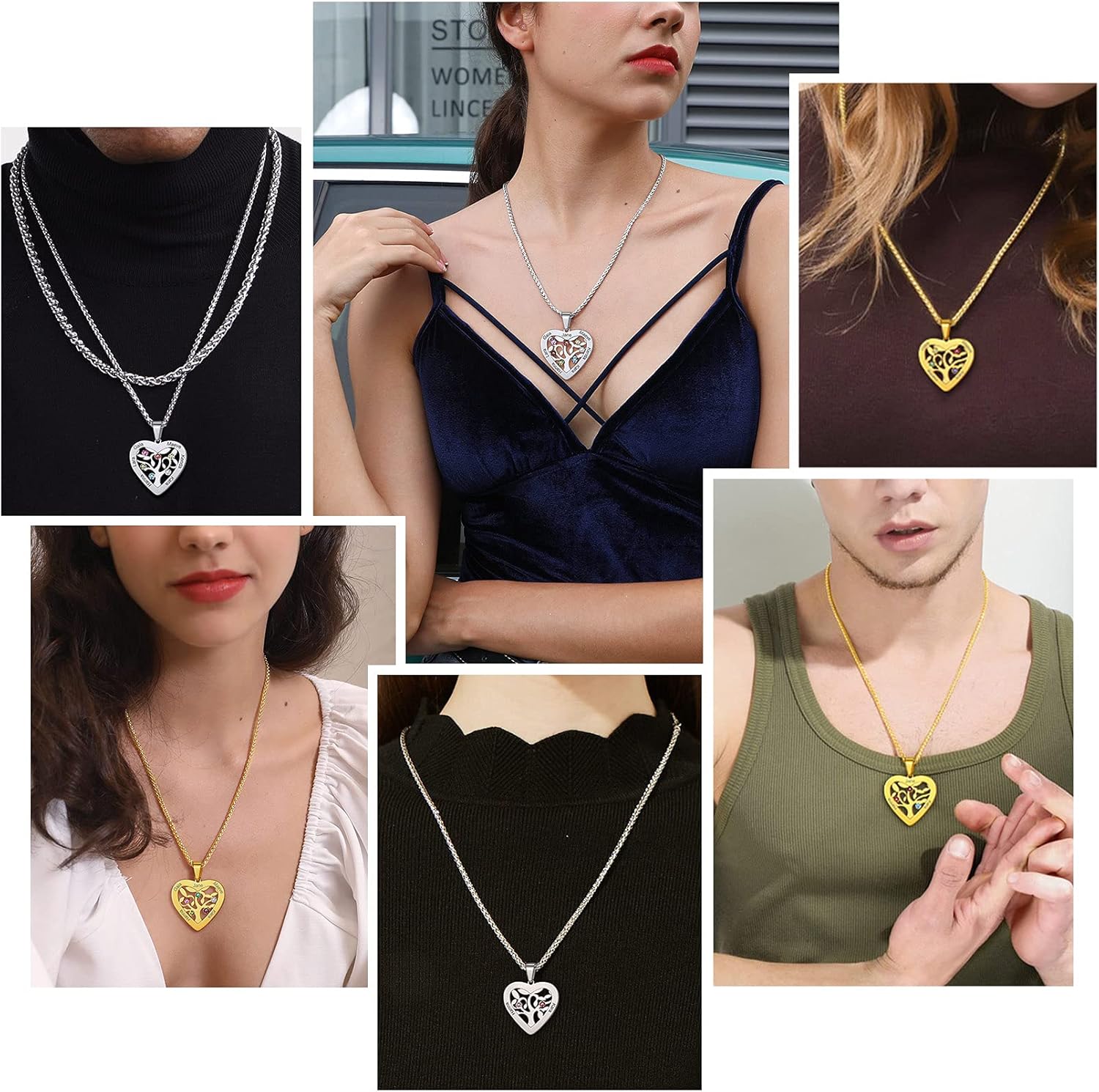 KeyStyle Personalized Name Necklace with Birthstone, Heart/Round Tree Necklaces with Customized 2-7 Names & Birthstones for Nana/Mother/Team/Friends with Gift Box