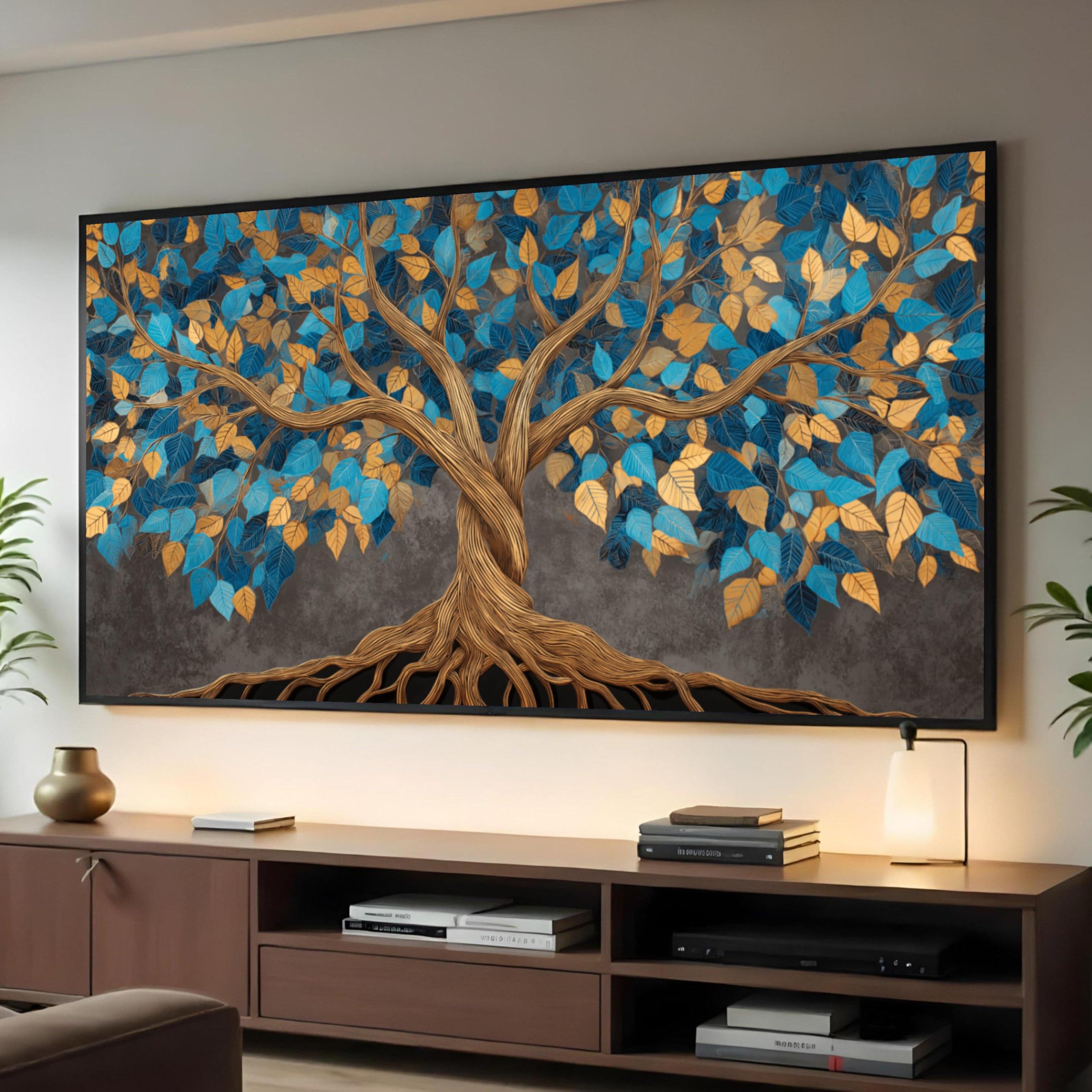 Tableau sur toile arbre bleu doré abstrait pour décorer un salon chic 45x80cm - 8