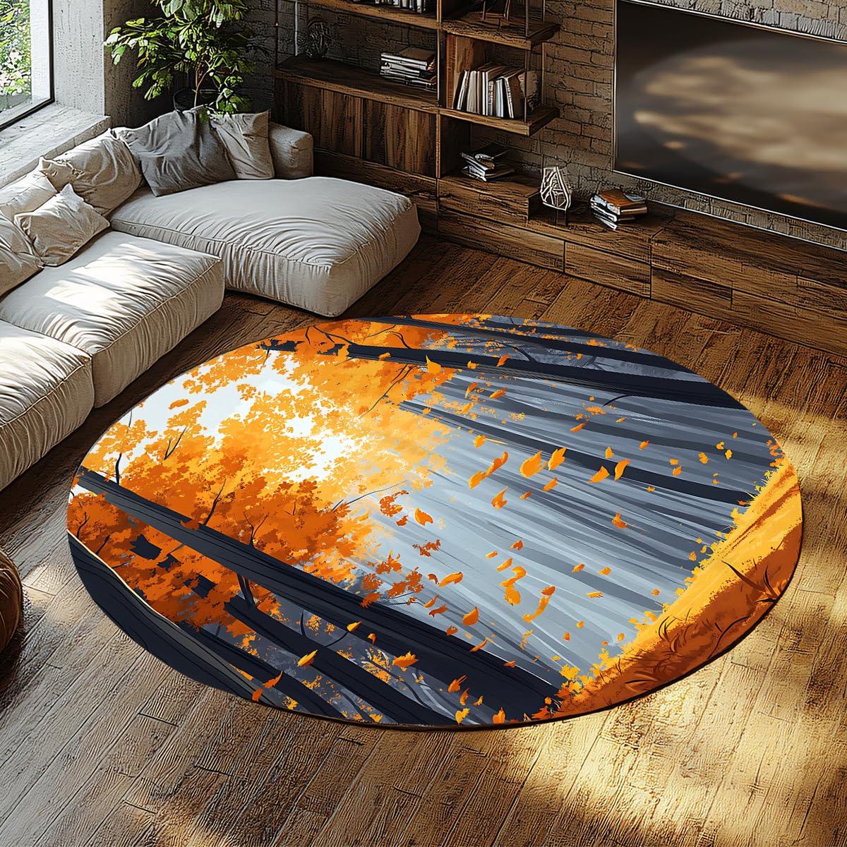 Tapis rond fausse laine forêt d'automne orange charbon 60cm