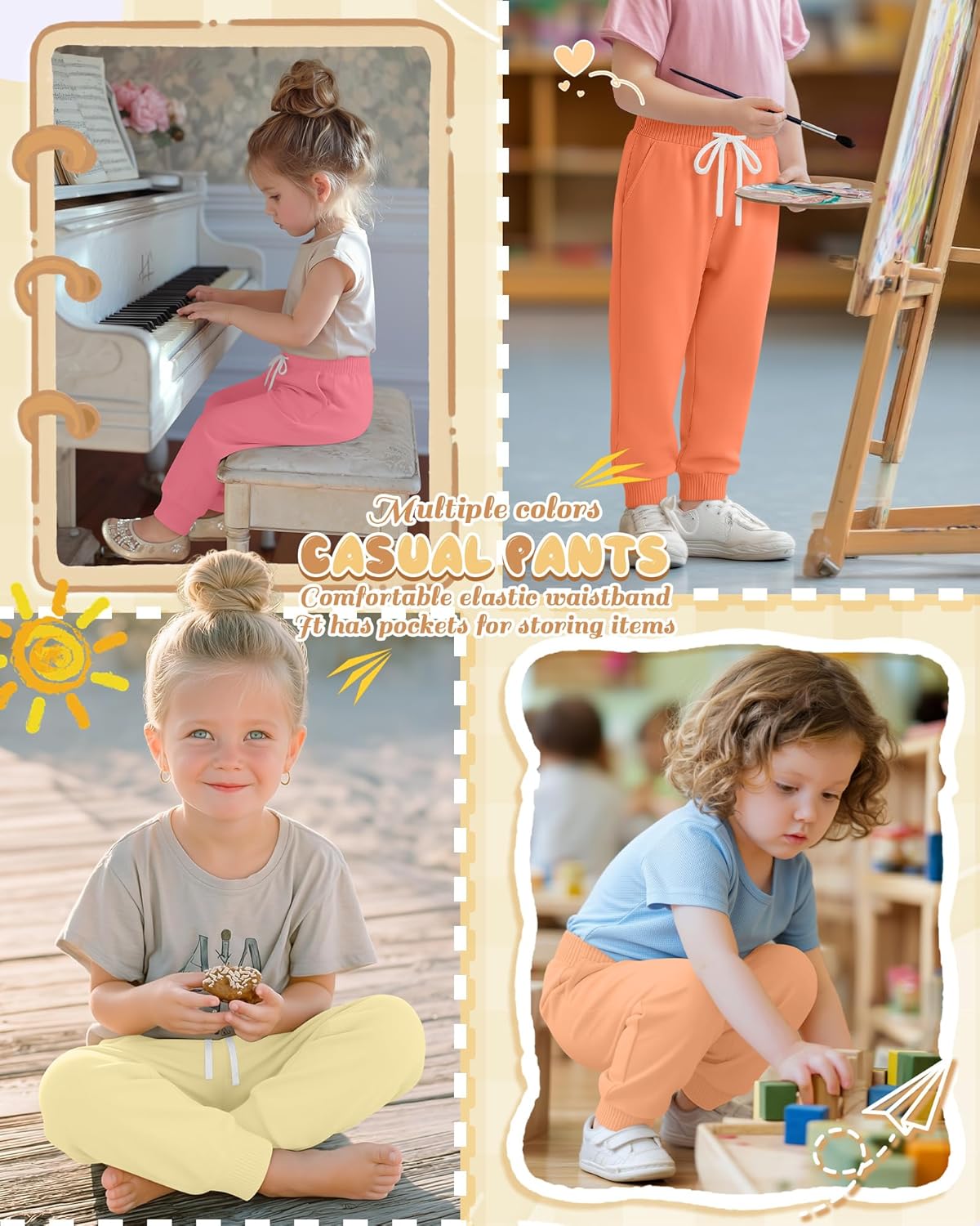 Oakgarden 4 Pack Girls and Toddler Sweatpants Kids Athletic Spring Joggers Girls Summer Pull on Pants with Drawstring Pockets