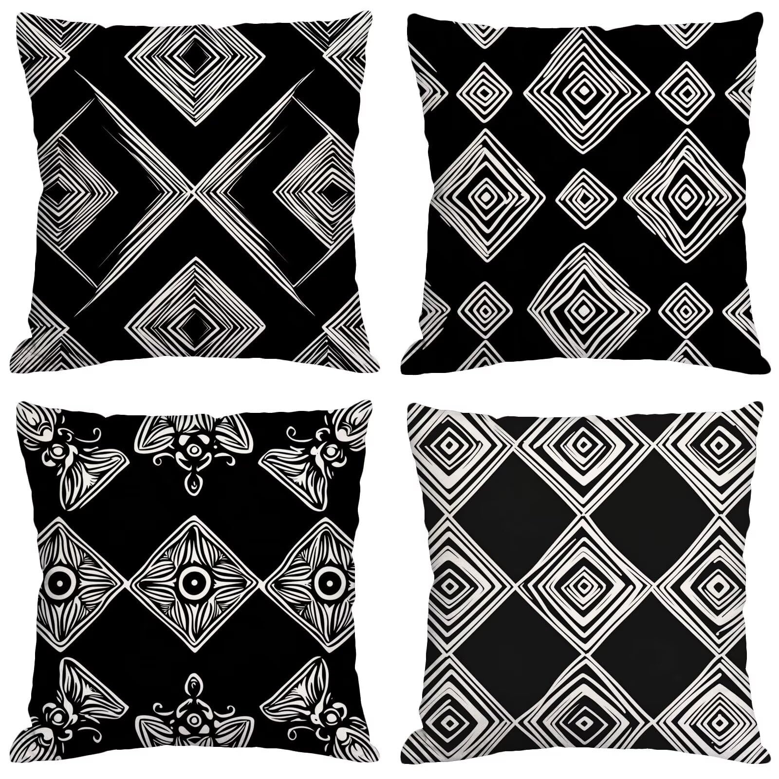 Cojines de terciopelo impermeable para exteriores, 50 x 50 cm, fundas de almohada geométricas en blanco y negro, paquete de 4 unidades decorativas para muebles de jardín y sofá de interior