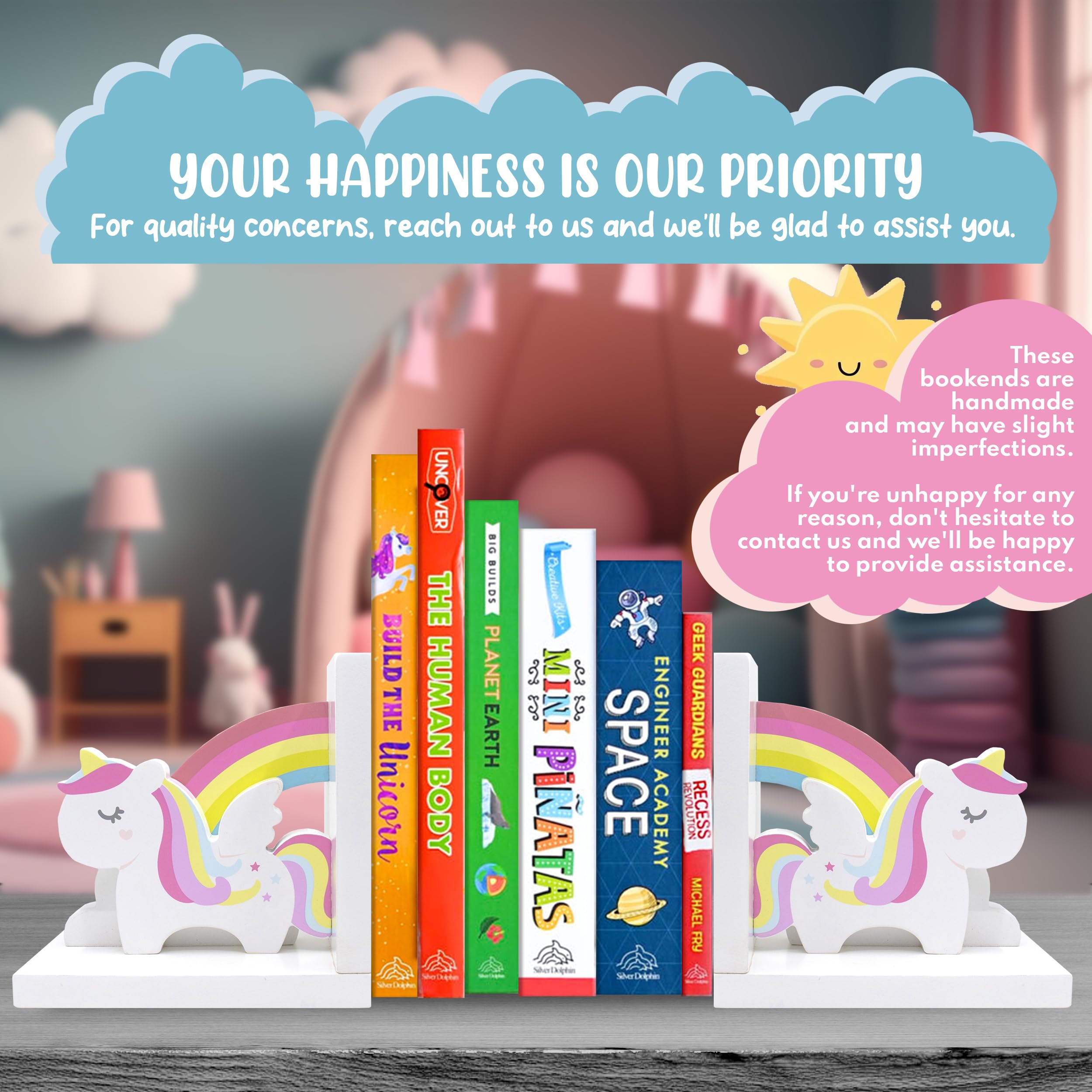Decorably Unicorn Bookends for Girls - 1 Set Non-Skid Wooden Kids Book Ends for Shelves, Kids Bookends for Girls
