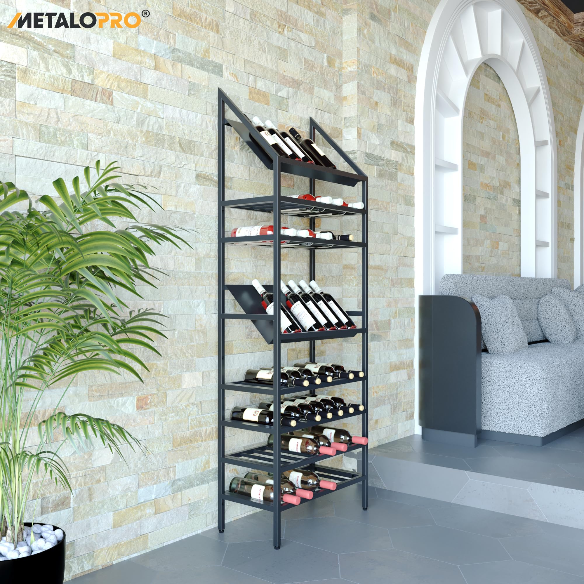 Botellero de metal para 56 botellas de vino, diseño robusto, soporte para cocina, sótano o bar, color negro, 170 x 30 x 60 cm