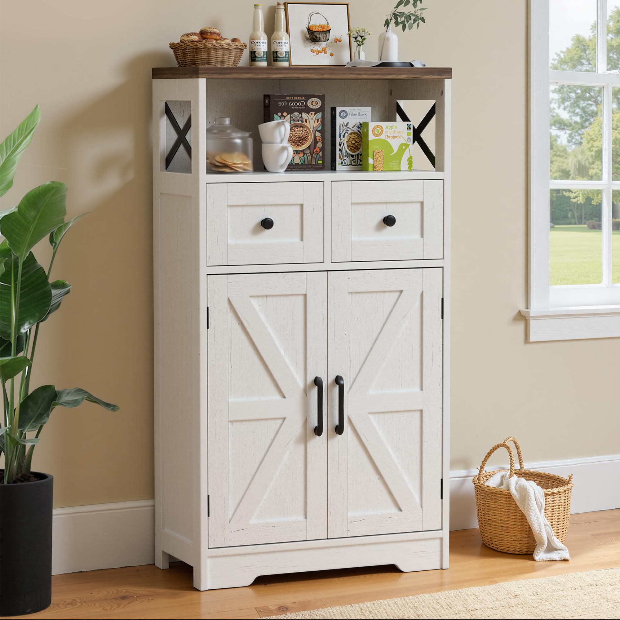 BonVache Sideboard, Küchenschrank mit Schubladen, Aufbewahrungsschrank, Anrichte mit Offenem Regal, Kaffeebar Schrank für Küche, Esszimmer, Wohnzimmer, 58 x 29 x 108cm, Weiß