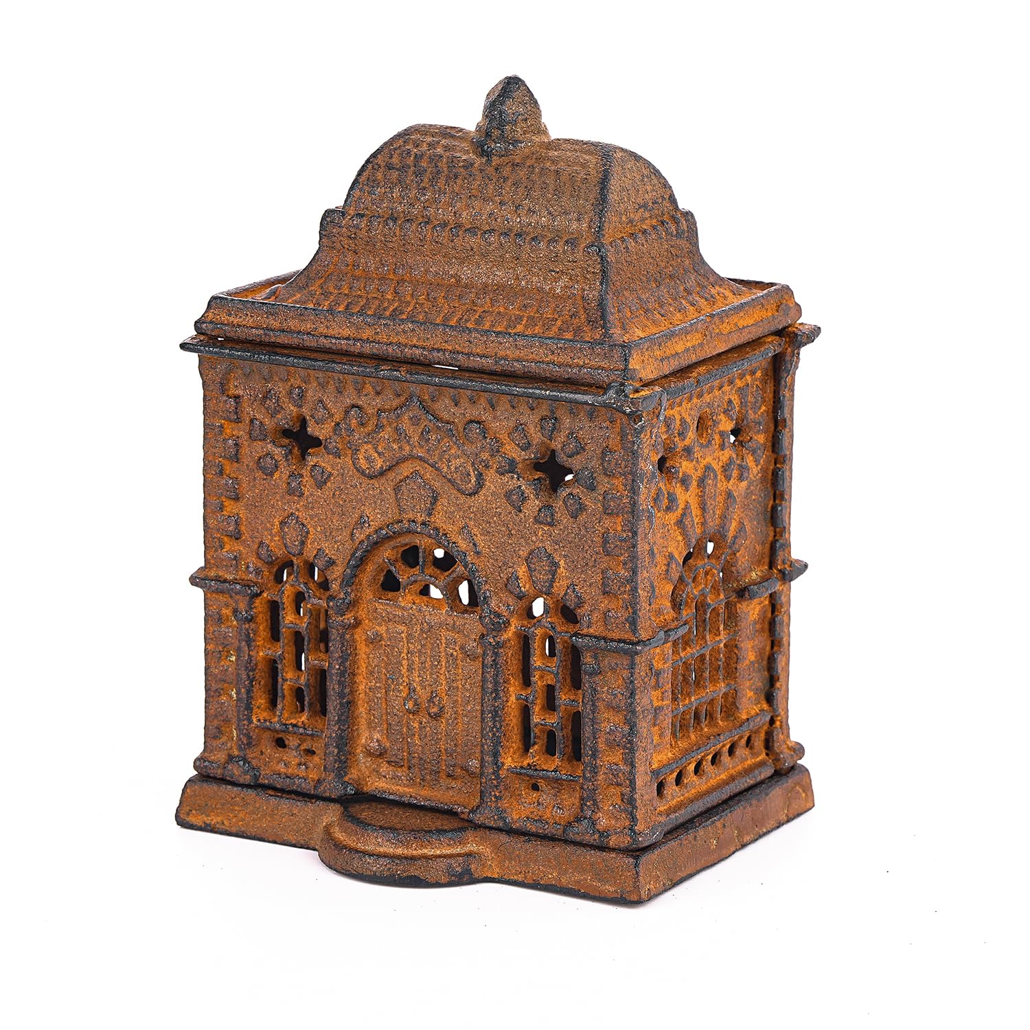Sungmor Vintage żeliwny świecznik na podgrzewacze - rustykalna rdza miniaturowa latarnia zamkowa, ciężki metalowy stojak na świece do domu, ogrodu lub na patio, wewnątrz i na zewnątrz, uroczy akcent