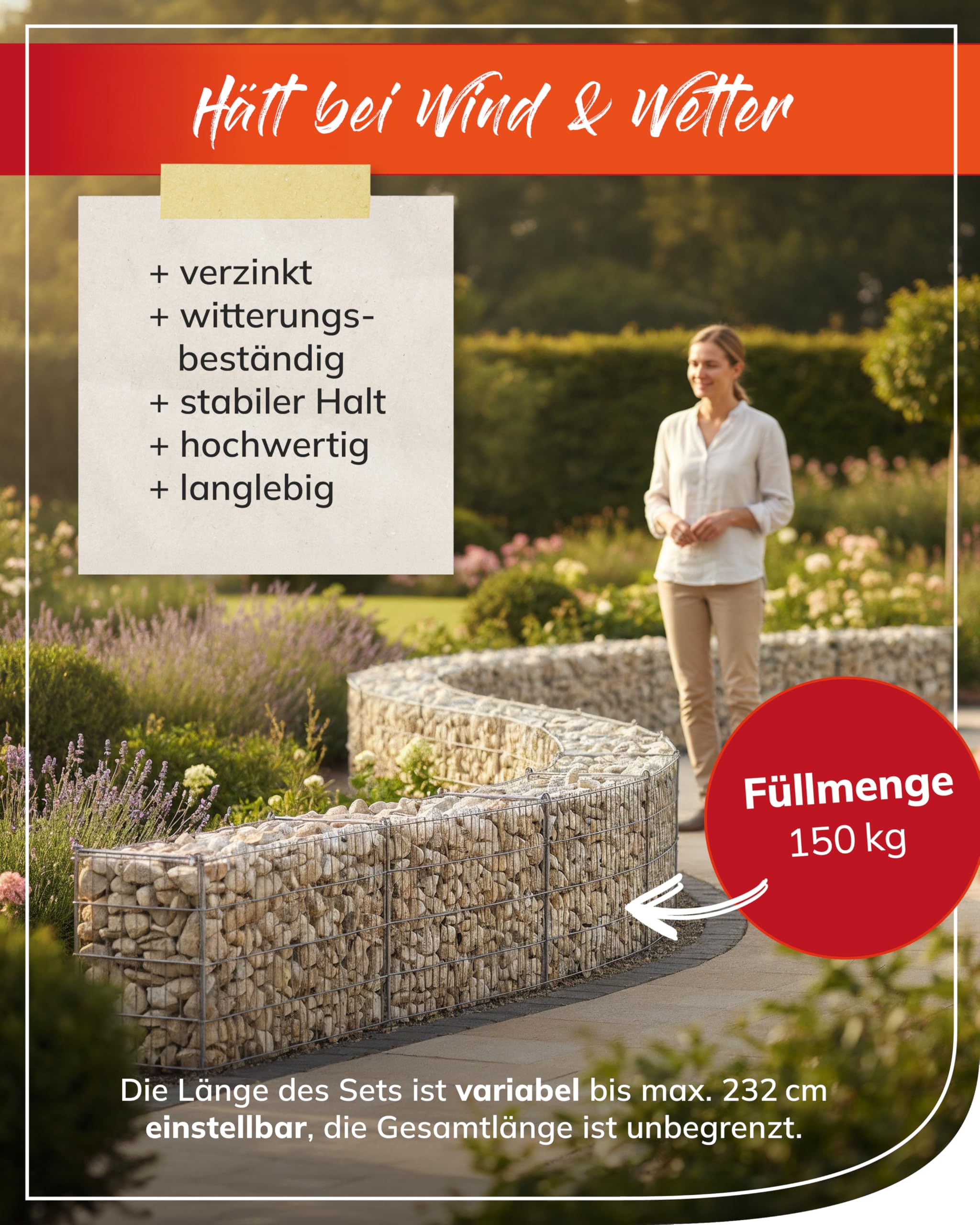 bellissa Mauergitter-Set für Gabionen verzinkt 232x10x40 cm | Längenverstellbare Gabionenkörbe für Steingabionen, erweiterbare Gabionengitter für Beetumrandung