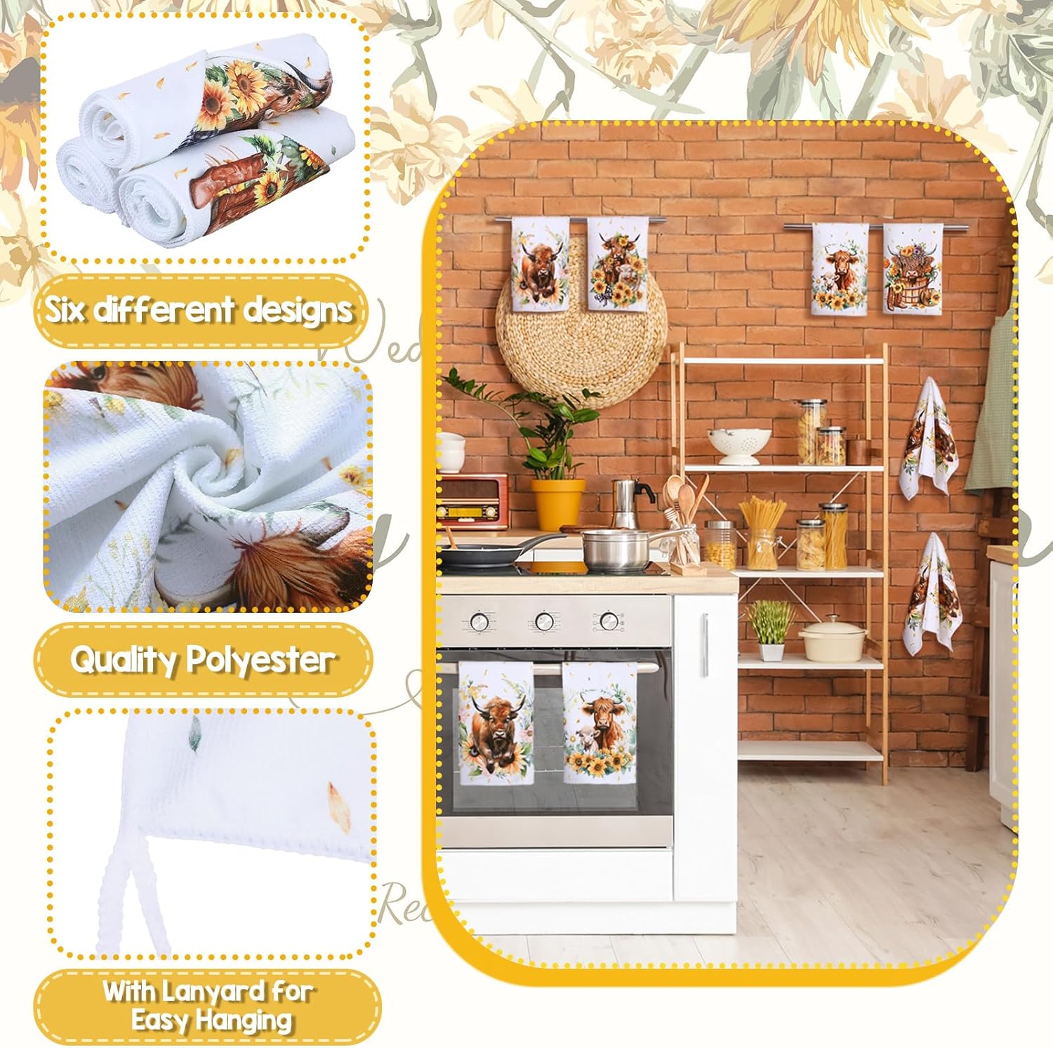 Redbaker Set of 6 Highland Cattle Kitchen Towels Highland Cow Themed Dish Towels Absorbent Farm Cattle Watercolor Floral Tea Hand dishcloths Housewarming Gift for Farmhouse Kitchen(Vintage,Sunflower) - Image 3