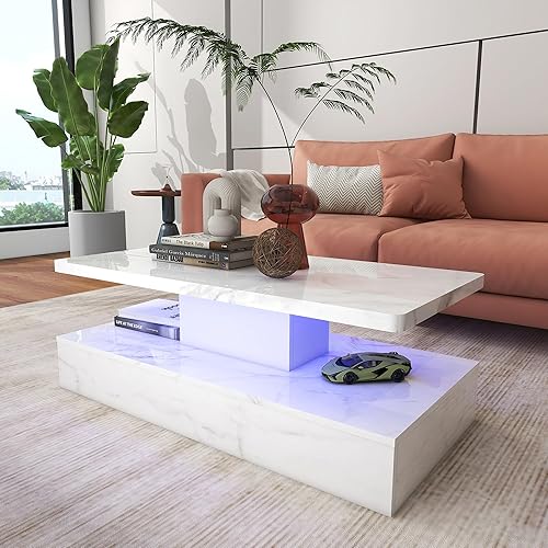 LED Coffee Table with High Gloss Marble Surface, Modern White Living Room Tables, Marble LED Coffee Table with Remote Control, White Coffee Table for Living Room