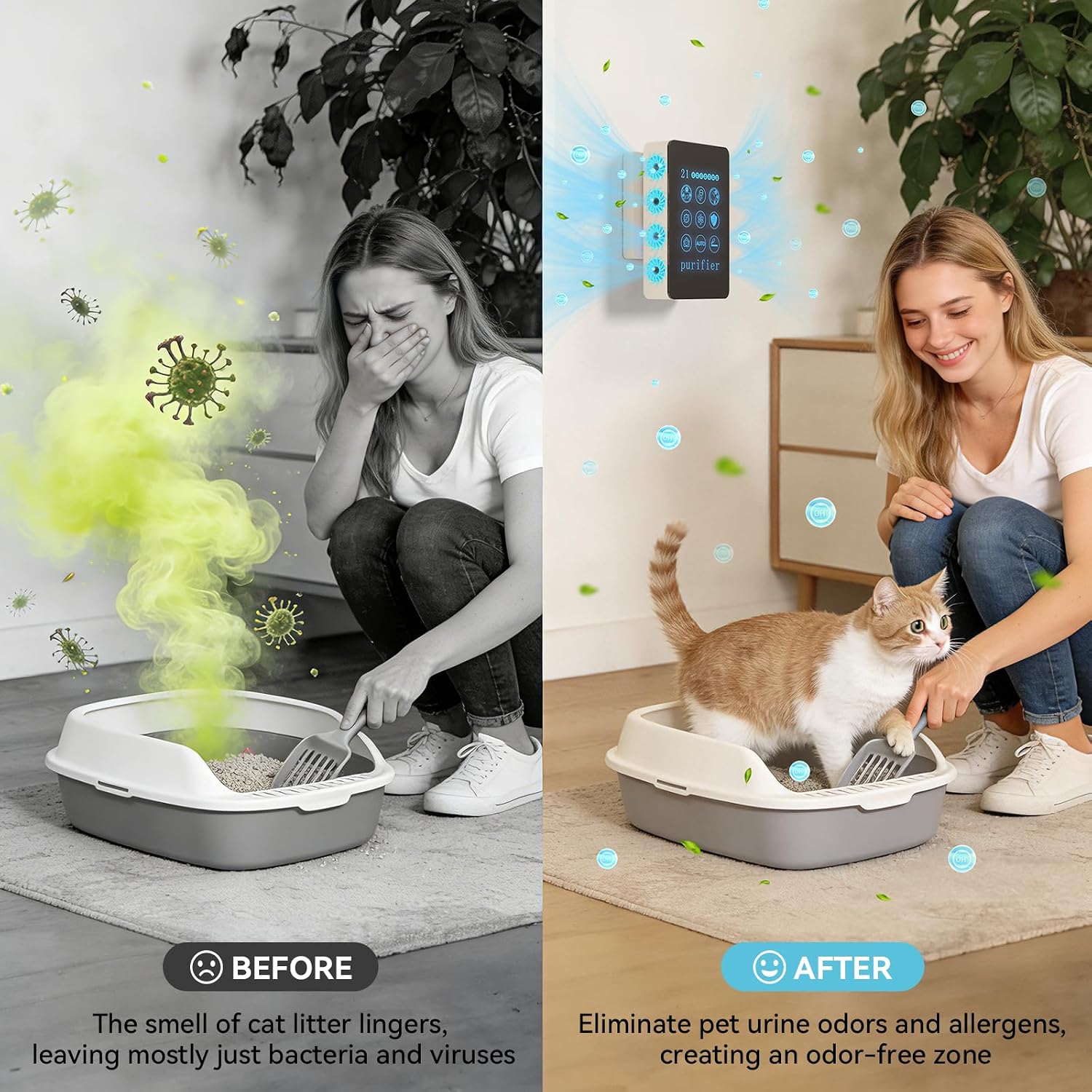 LED Cat Litter Deodorizer, Pet Odor Eliminator for Dogs/Cats, Plug in Negative Ion Air Purifier, Ozone Free Quiet Air Freshener for Small Spaces, Cat Litter Room, Kitchen, Smoke,Dust