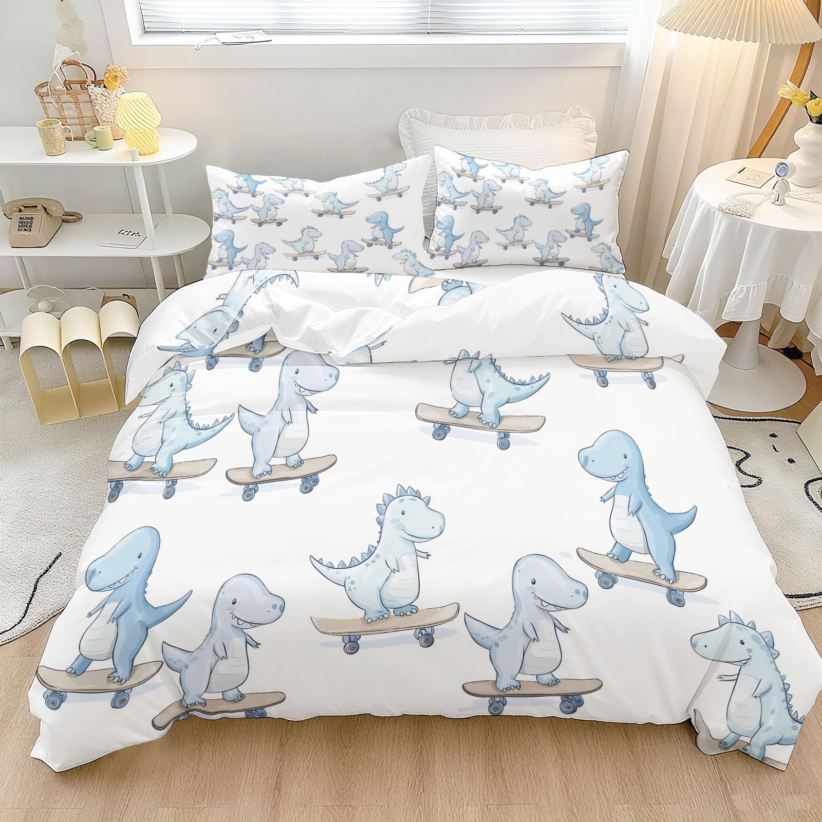 Poszwa na kołdrę 200 x 200 cm niebieski biały dinozaur deskorolka uroczy - 2-osobowy zestaw pościeli z miękkiej mikrofibry - zestaw pościeli z zamkiem błyskawicznym i 2 poszewkami na poduszki