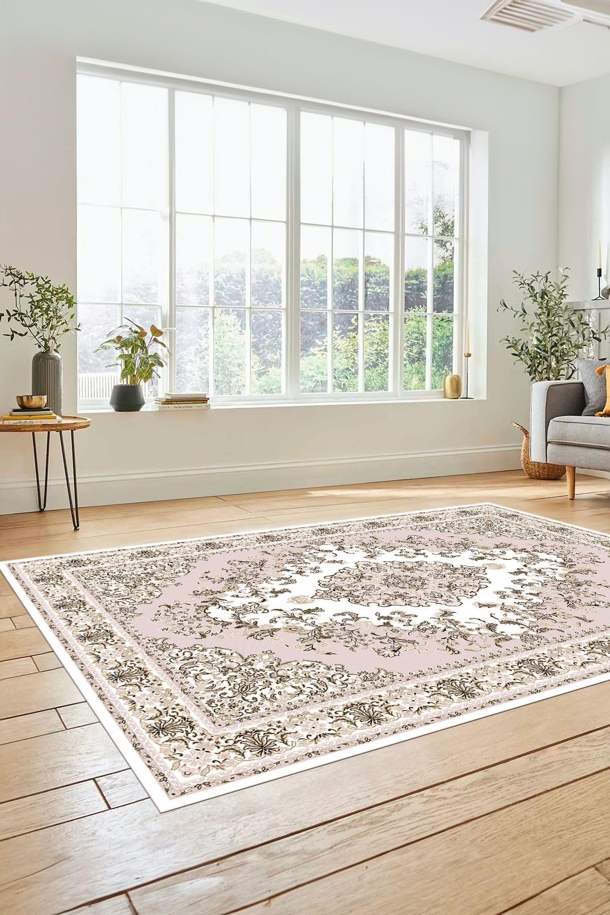 Evdeya Klasik Desenli Dijital Kaymaz Taban Yıkanabilir Yolluk Mutfak Salon Halısı KLASİK-23, Pembe, 80 x 300