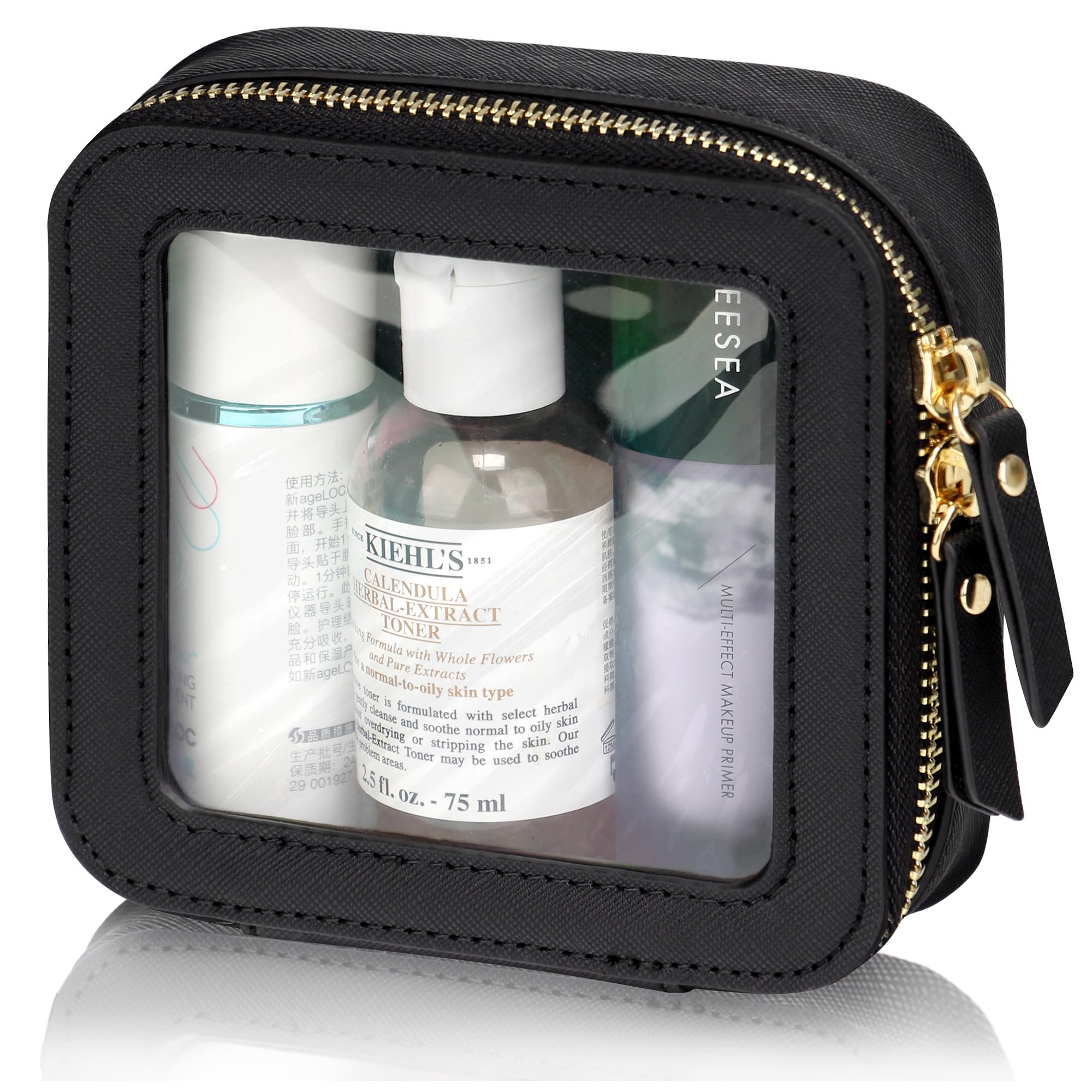 BEAUTYGOODIES Transparente Kosmetiktasche, Large, Schwarz - Aus Veganem Leder & Vinyl - TSA-geprüft, Wasserdicht