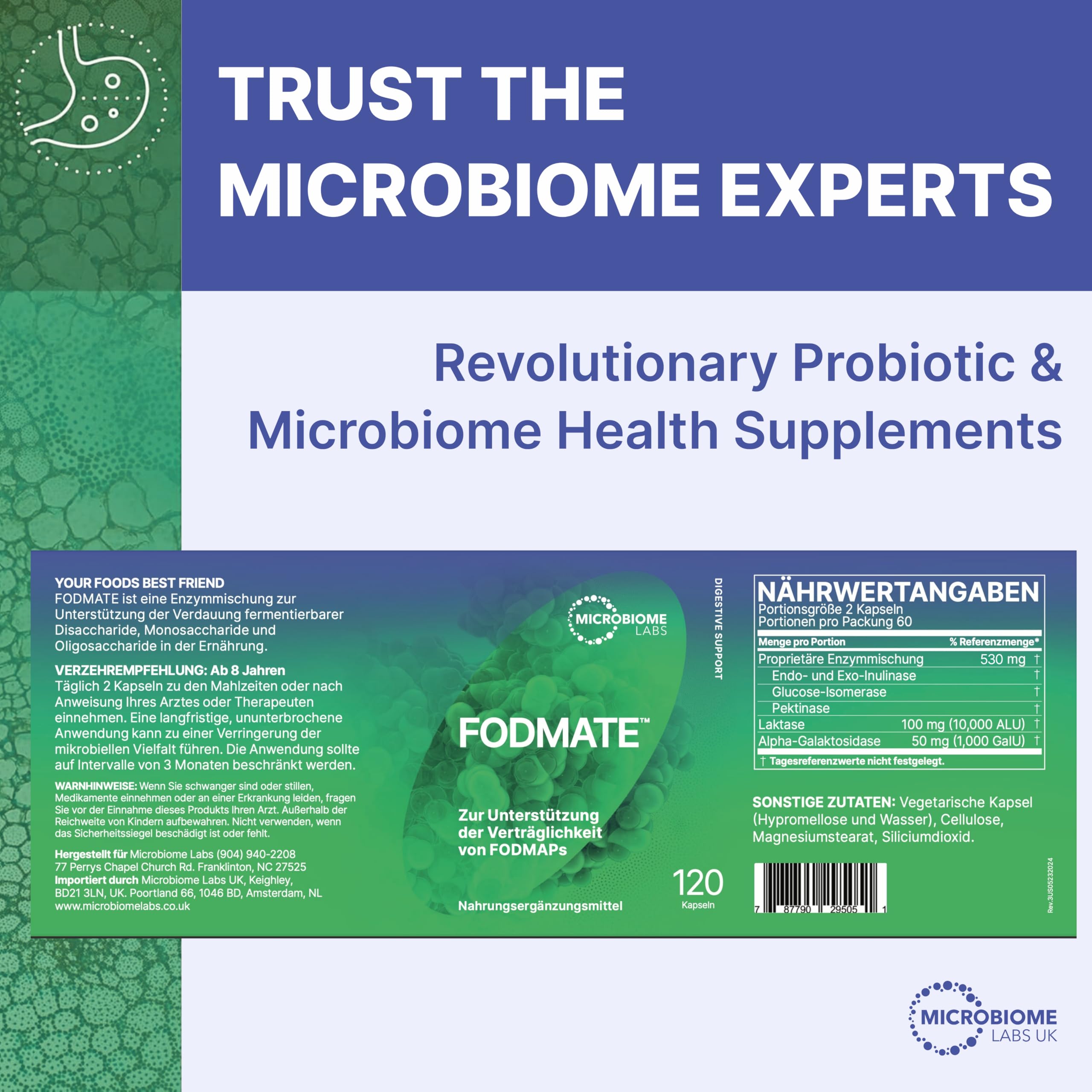 Microbiome Labs FODMATE Verdauungsenzyme für empfindlichen Magen, 120 Kaps