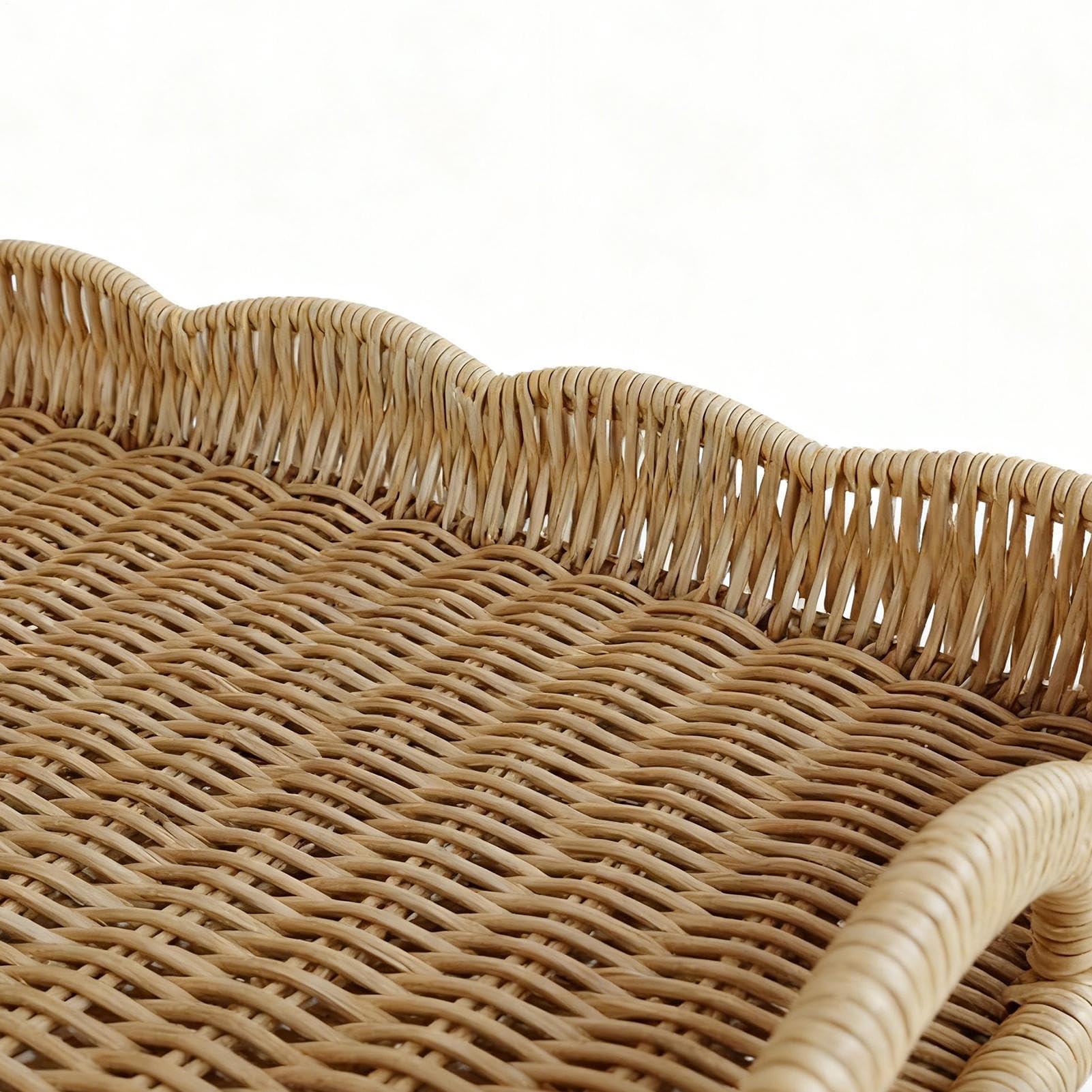 Bandejas decorativas de ratán tejido para desayuno, sala de estar, dormitorio, sofá, al aire libre, terraza, camping, picnic, fiestas familiares, diseño de borde ranurado
