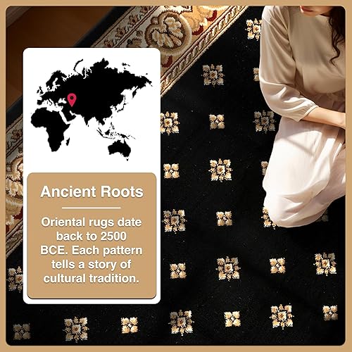 Vista 8 de Well Woven Noble Palace - Tapete formal tradicional europeofrancés, color negro, fácil de limpiar, resistente a manchas y decoloración, no desprende