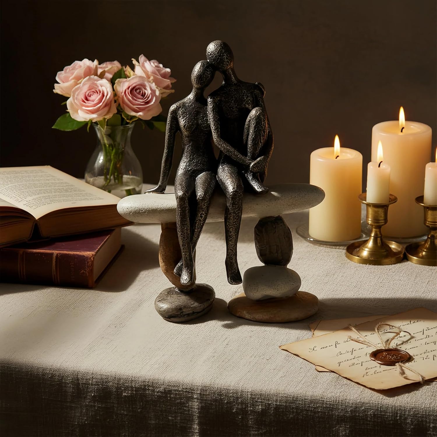Lescafita Romantic Couple Figurines Sculpture – Abstract Couple Sculpture on Stone Bench, Modern Home Decor Statue, Unique for Couple