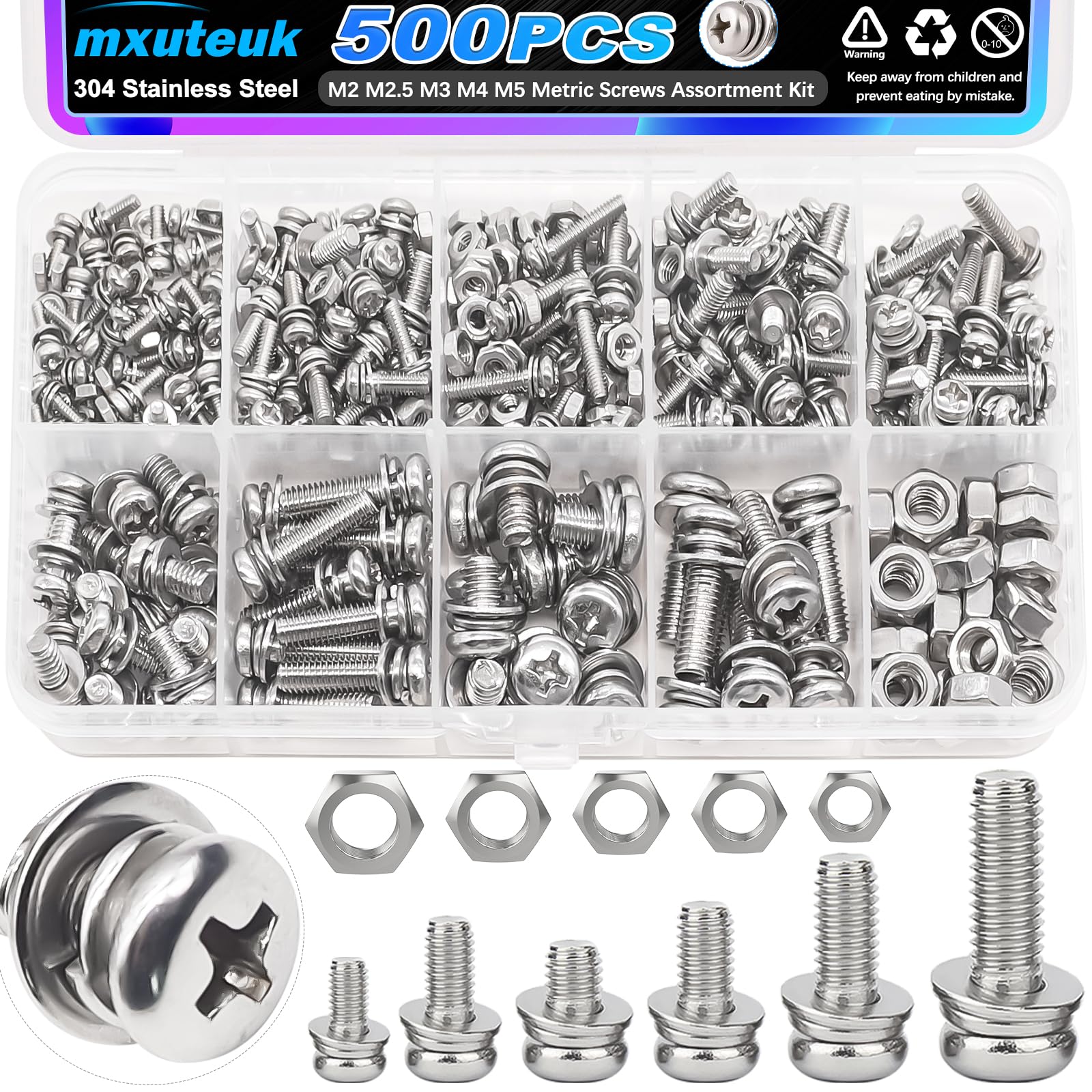 mxuteuk 500PCS Mini-Mutter und Schraubenklassifizierungskit, M2 M2.5 M3 M4 M5 Metrische Maschinenschrauben, 304 Mini-Schrauben und Muttern aus Edelstahl für DIY-Projekte, Elektronik, Reparatur