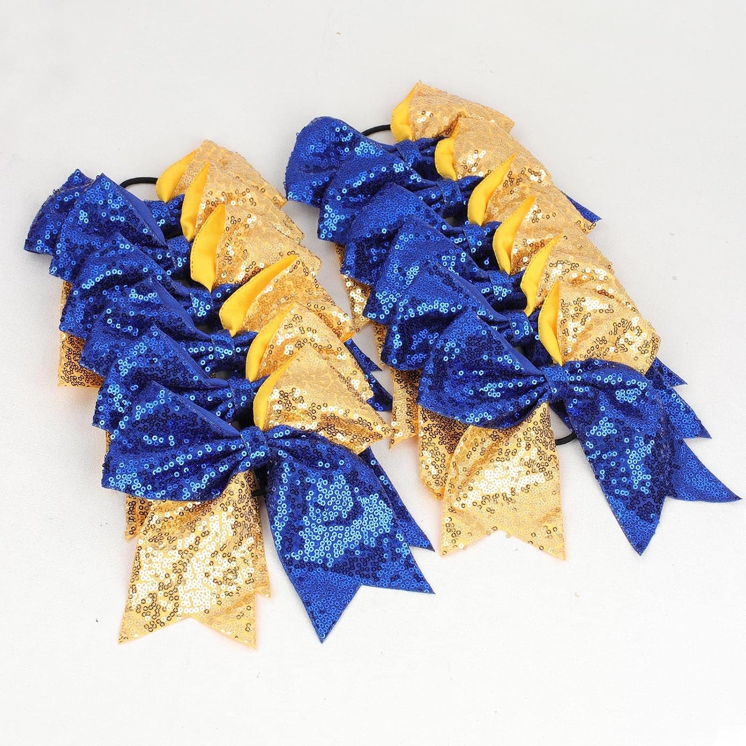 OAOLEER 12 Count 7" Sequin Glitter Cheer Bows - Large Sparkly Hair Bows for Girls - Budget Friendly Cheerleading Bows - Premium Quality Fabric - Blue and Gold