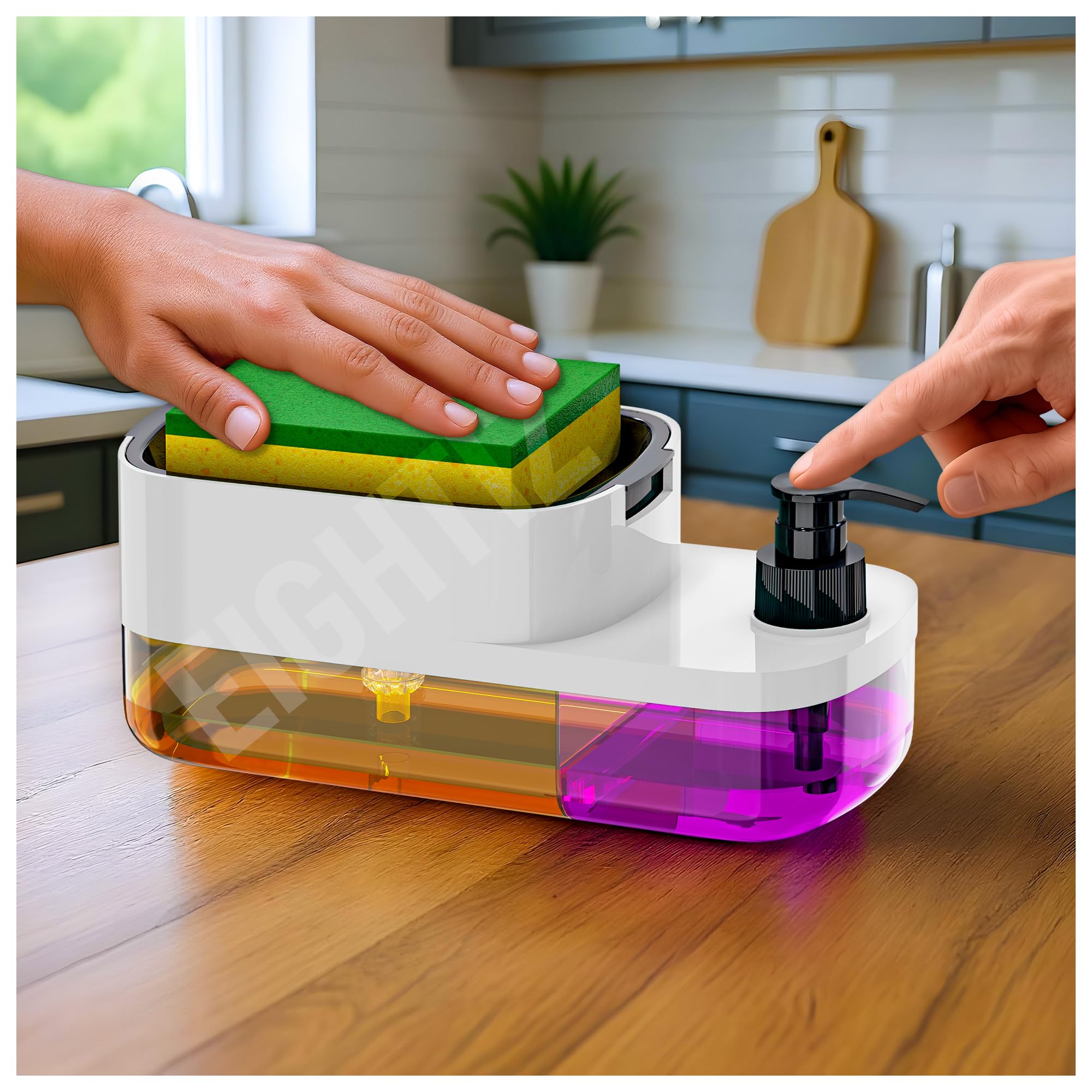 ABS Plastic 3 in 1 Soap Pump Dispenser Dish Soap Liquid Dispenser Sponge Holder Dish Soap Dispenser for Kitchen Sink Countertop Kitchen Bathroom (Multi-Color,Pack of 1)