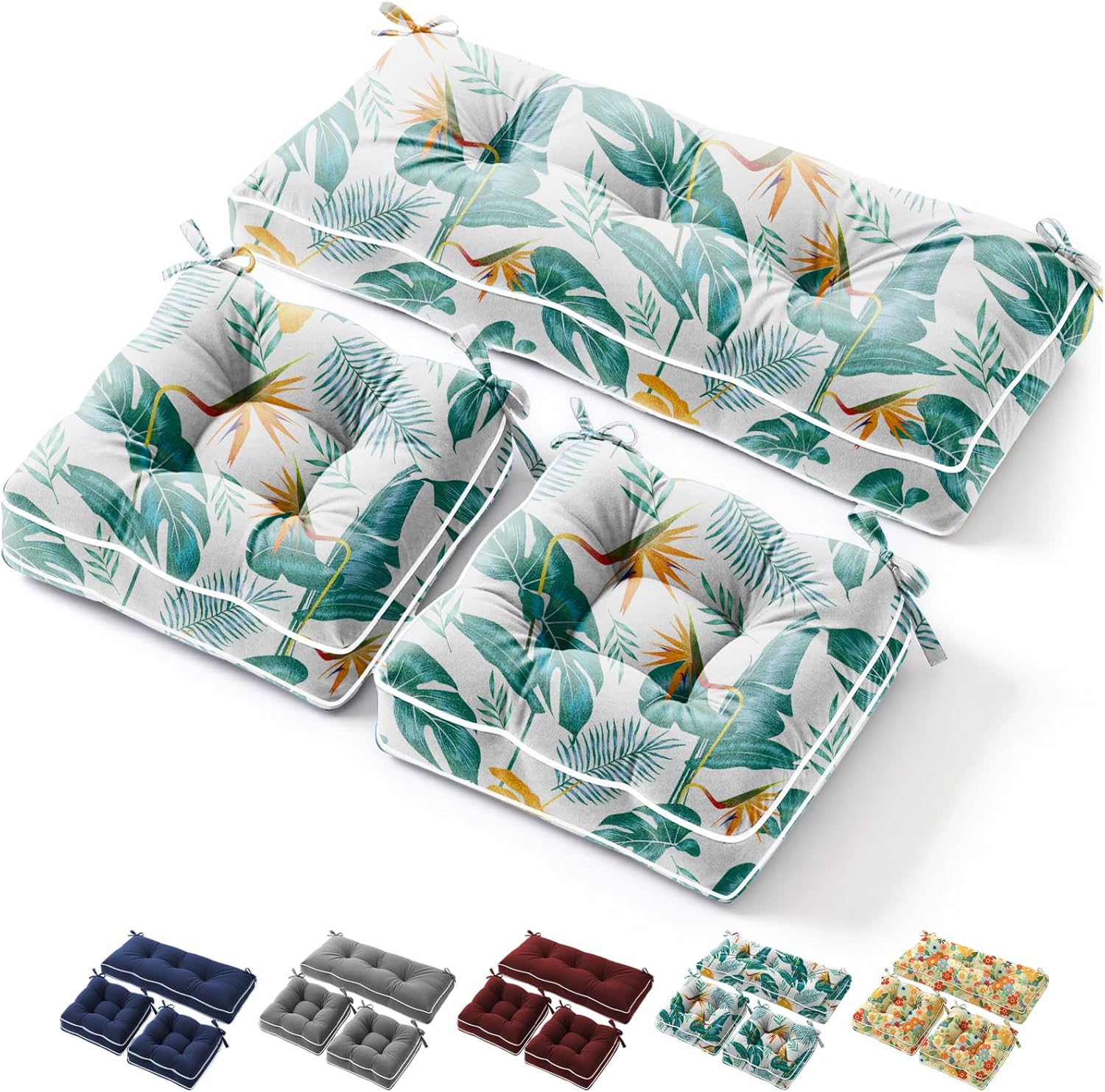 Heavy Duty Outdoor Wicker Chair Cushions 3 Pieces Set with Piping, Waterproof Thickened Patio Wicker Furniture Chair Cushion, 1 Loveseat and 2 U-Shape Wickers Cushions, Yellow-Green Leaves